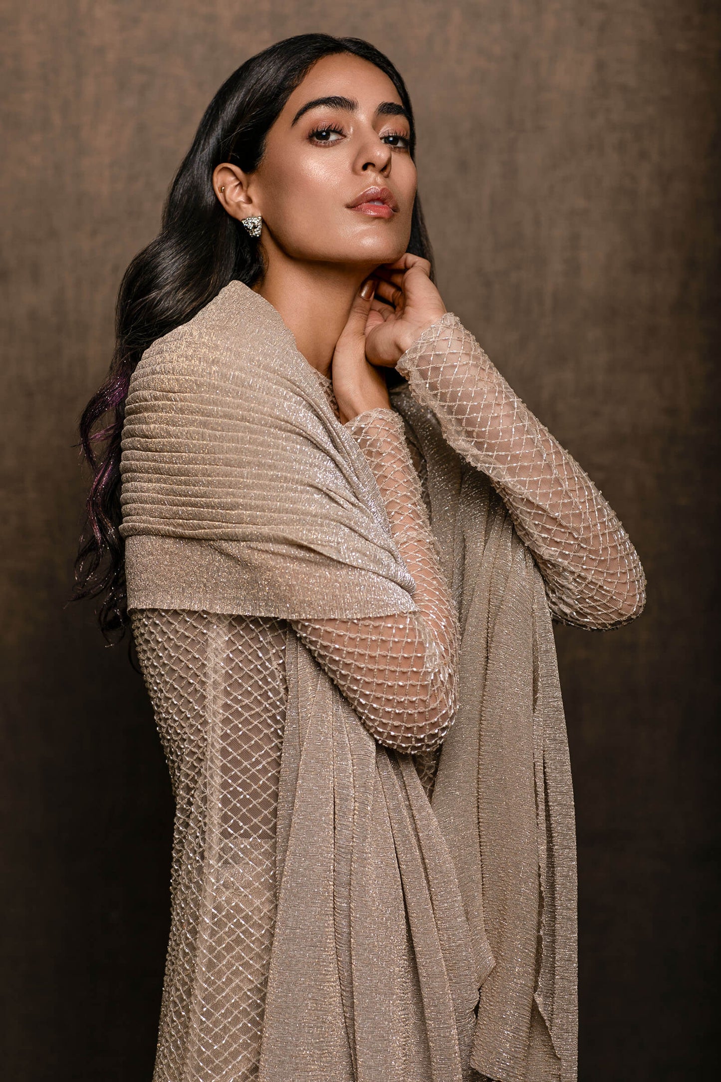 Flesh Toned Grid Detail Tunic With Gold Metallic Palazzo Pants And Pleated Stole