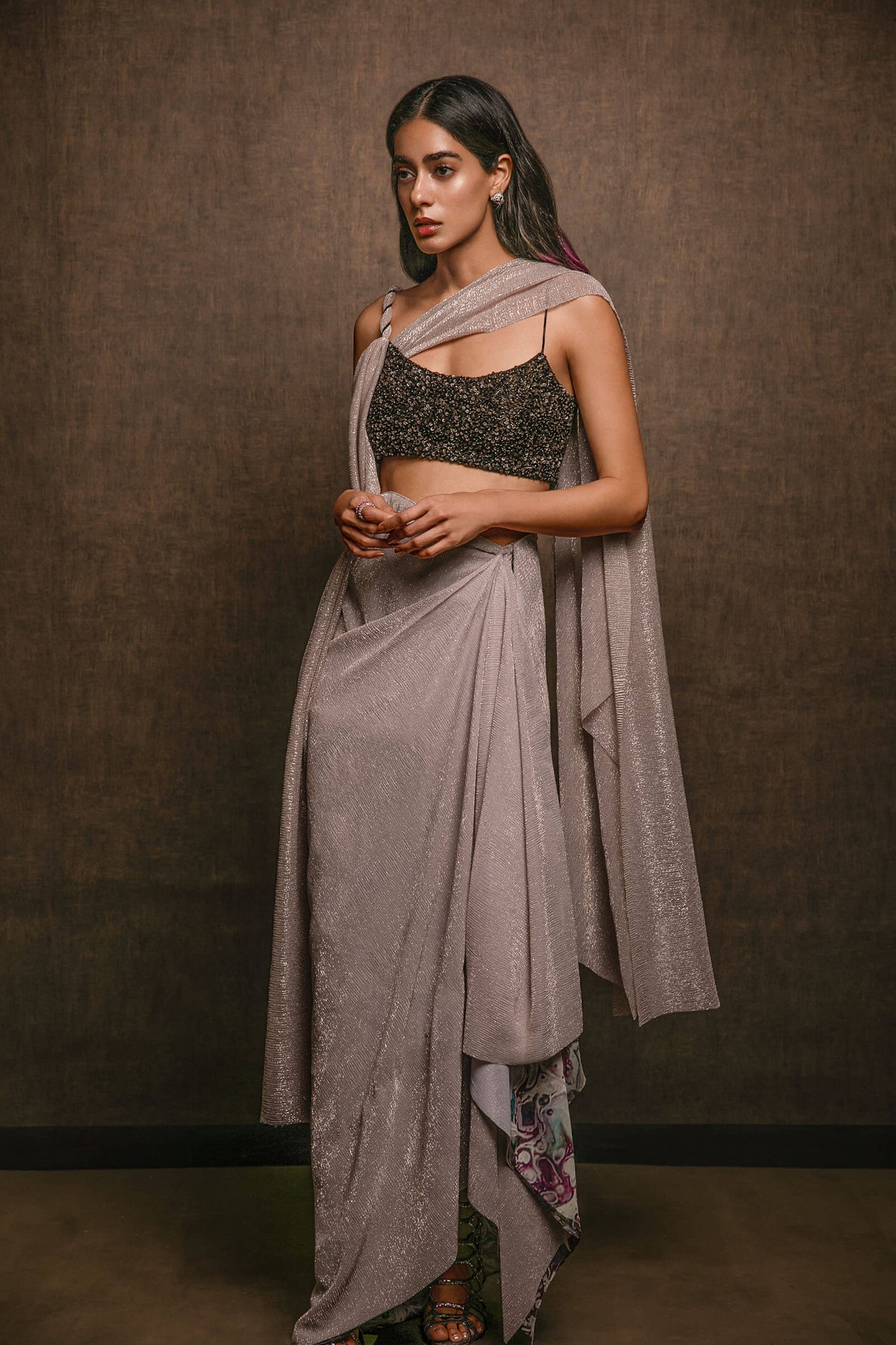 Metallic Sarong With Embellished Noodle Strap Blouse