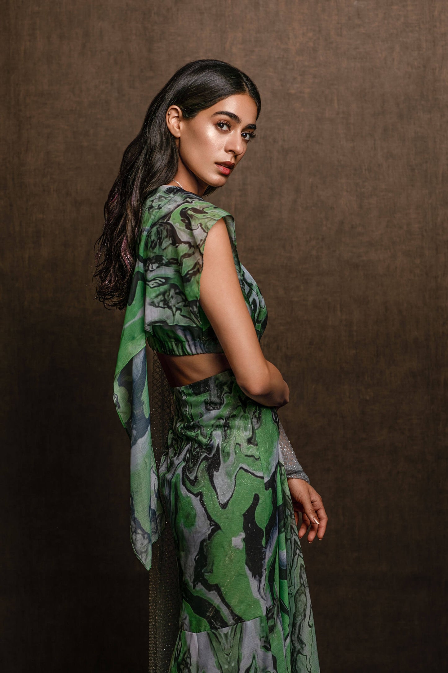Fluid Art Print Sari Gown With Structured Grid Detail Aanchal