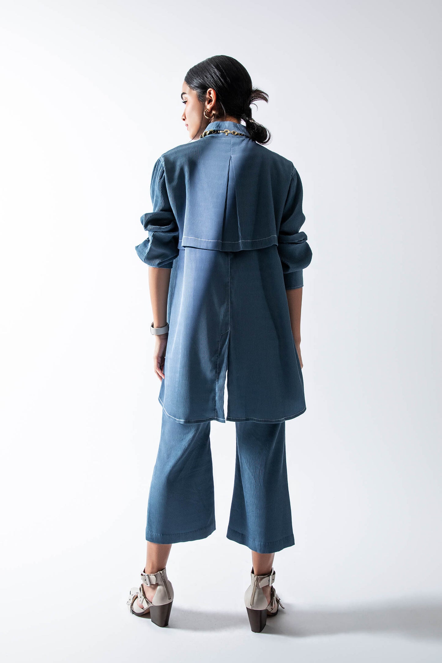 Blue Textured Crepe Cropped Trousers