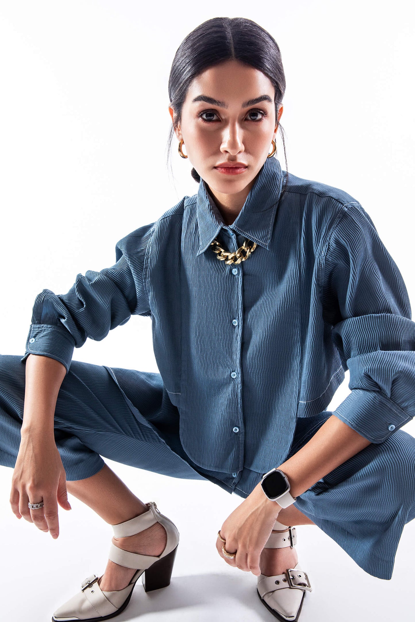 Blue Textured Crepe Cropped Trousers