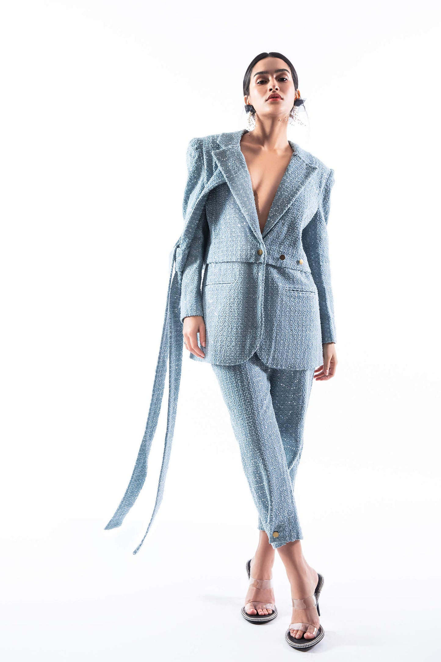 Blue Sequin Embellished Blazer With Tie Detail