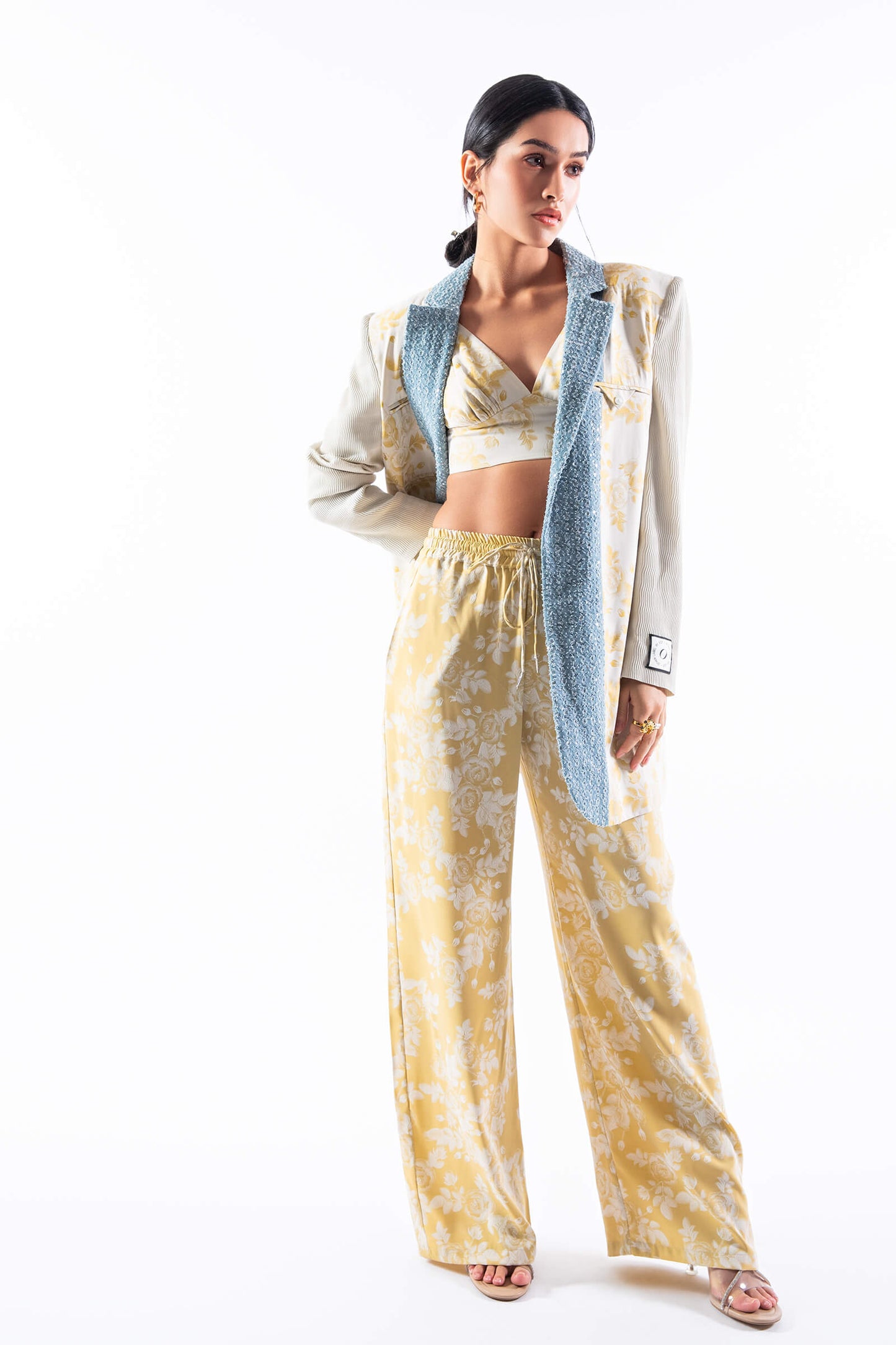 Floral Jacquard Blazer With Denim Detail