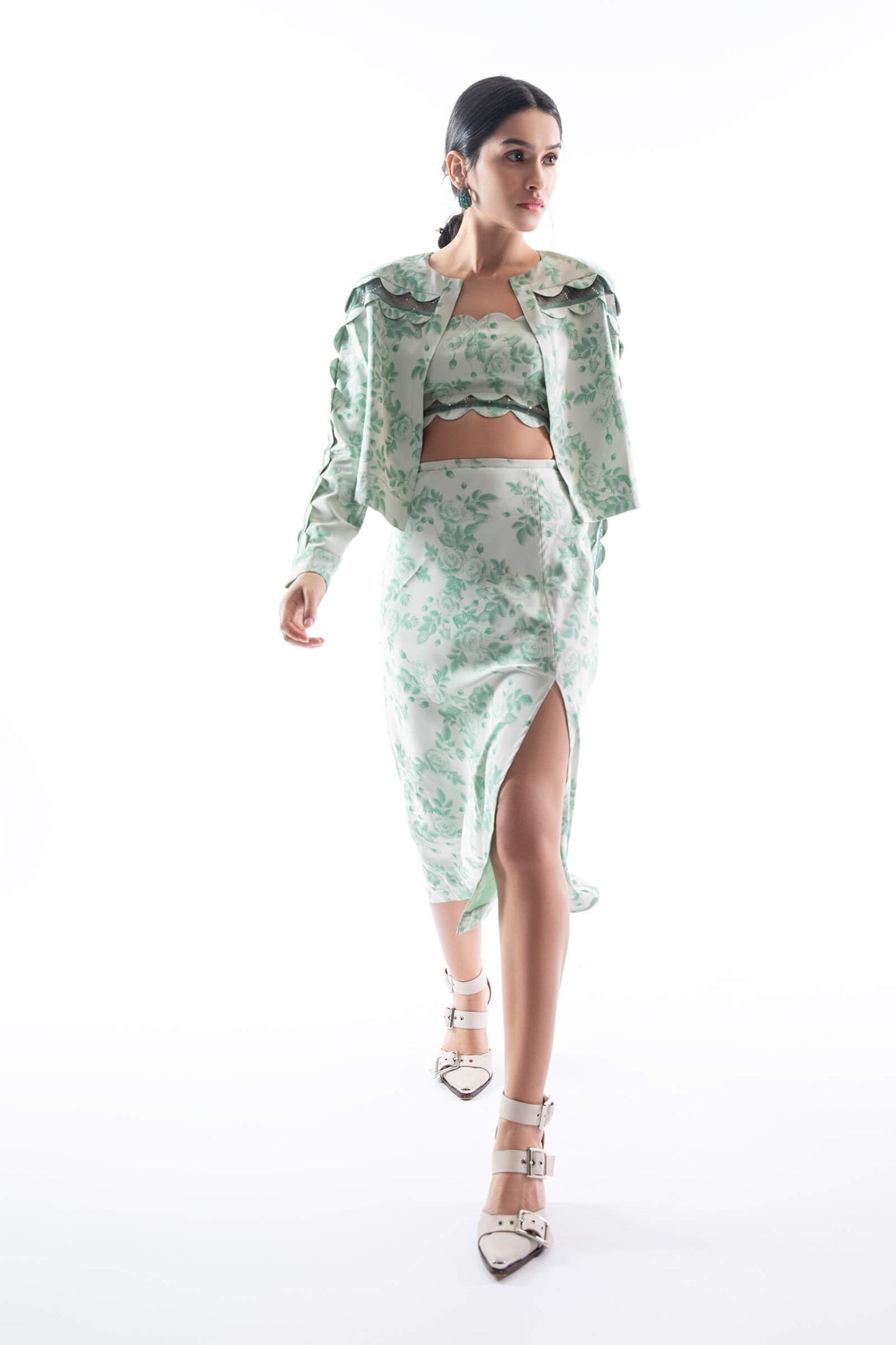 Mint Floral Jacquard Skirt With Slit