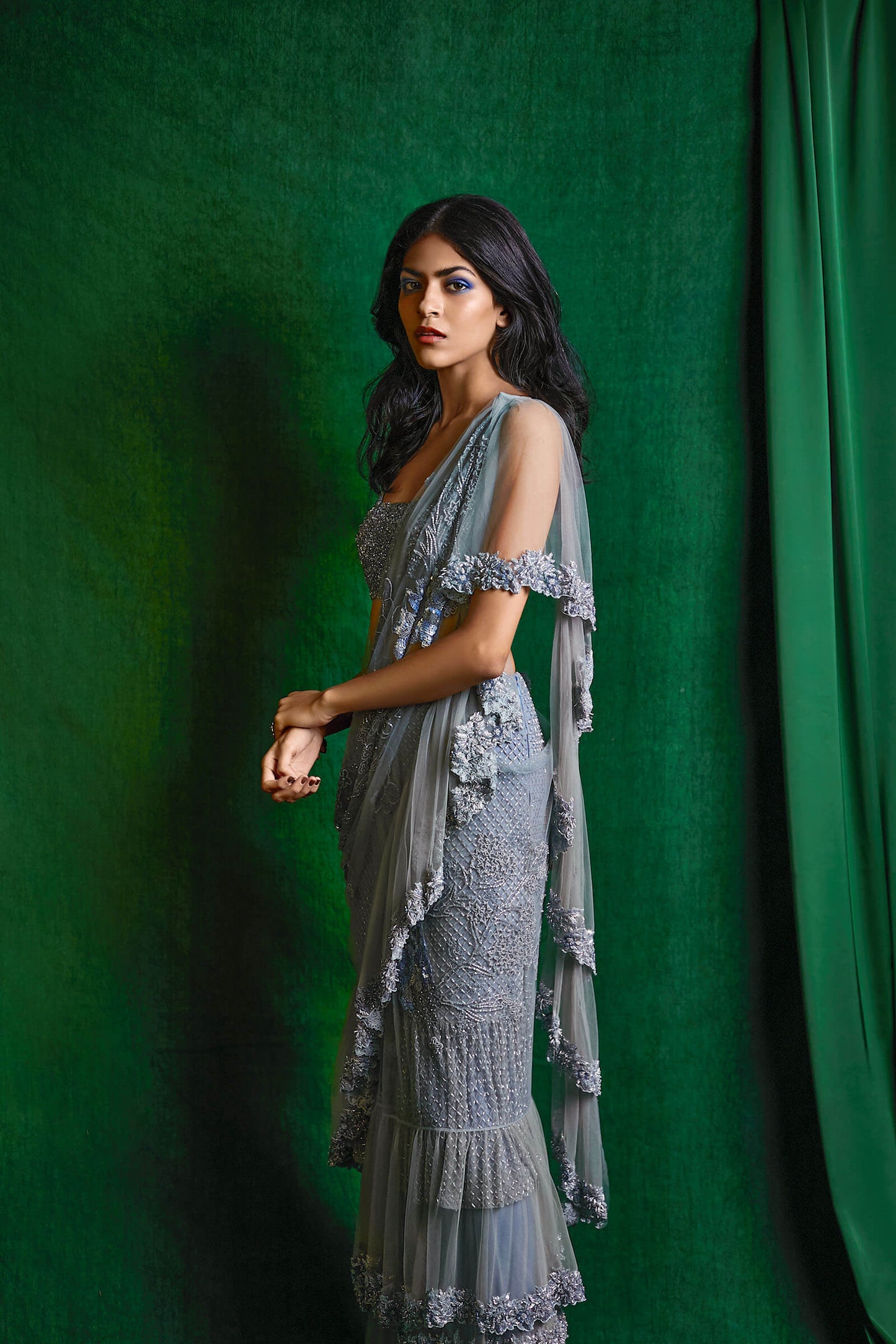 Placid Blue Sari With Sea Spray