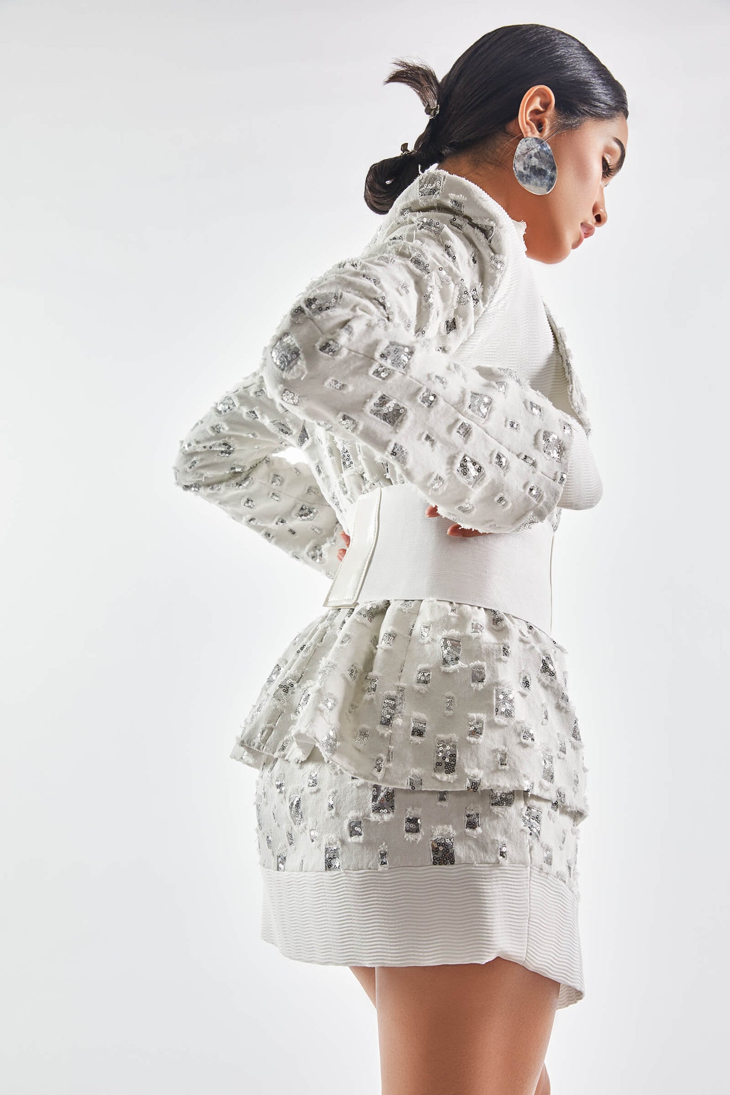 Ivory Sequin Embellished Denim Blazer With Corset Belt