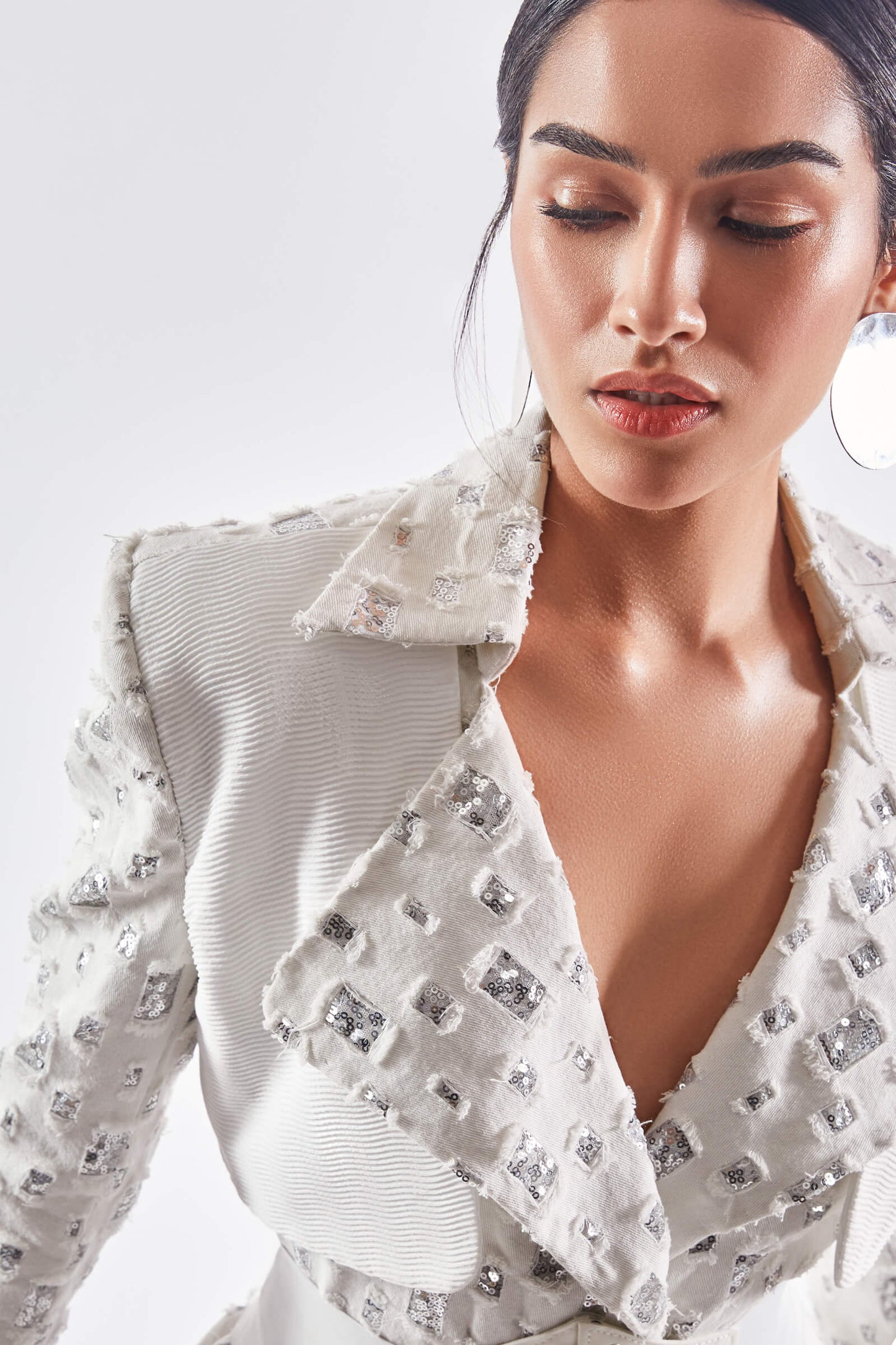 Ivory Sequin Embellished Denim Blazer With Corset Belt