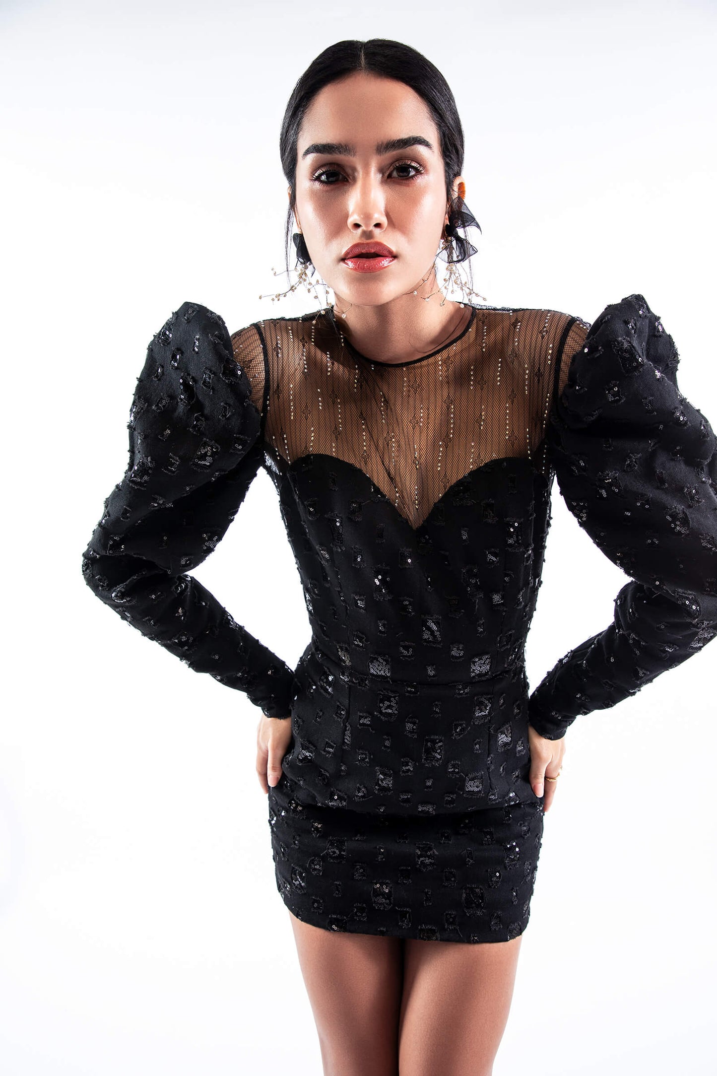 Black Sequin Embellished Denim Dress With Exaggerated Sleeves