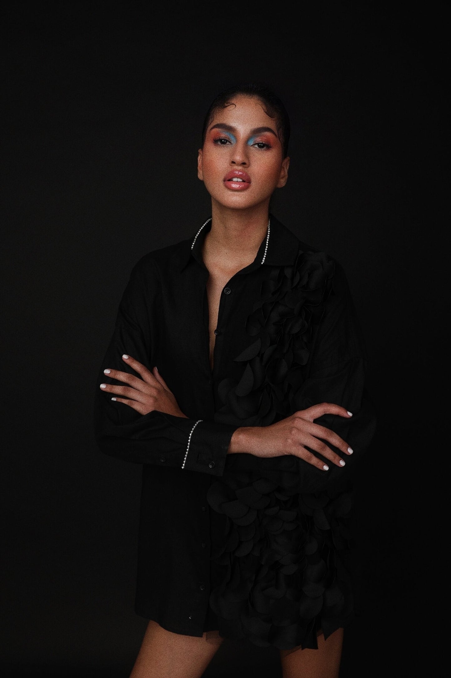 Black Poplin Shirt Dress With Laser Cut Detail