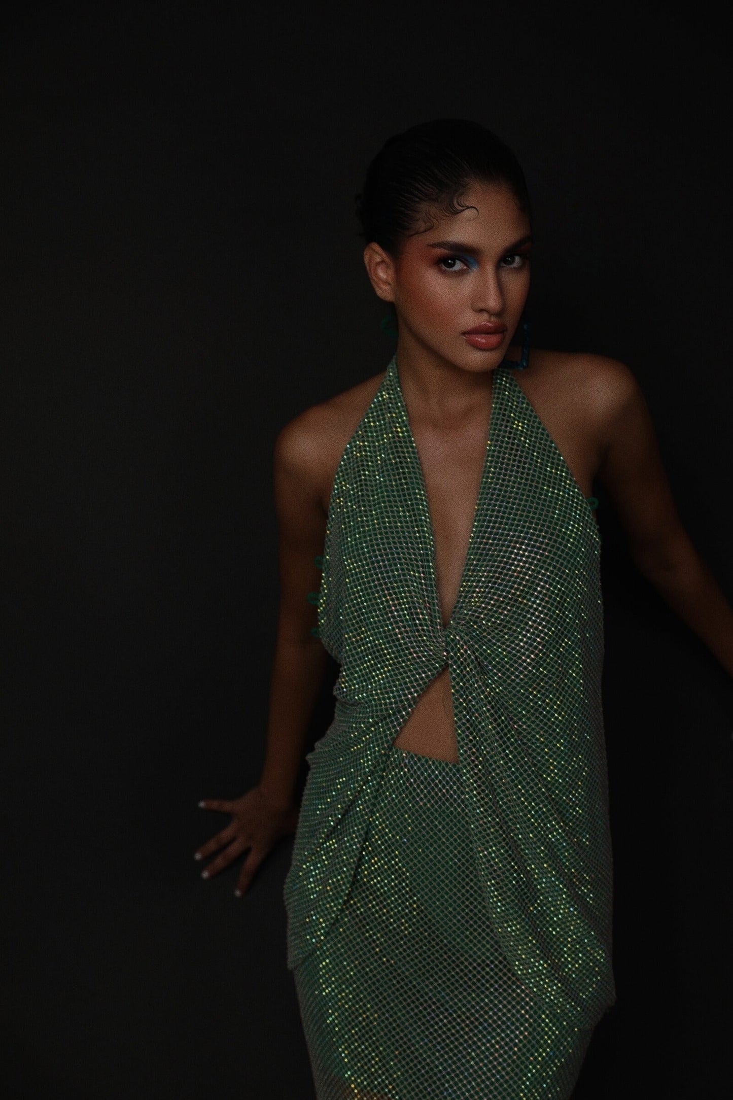 Alpine Green Rhinestone Knot Top With Slit