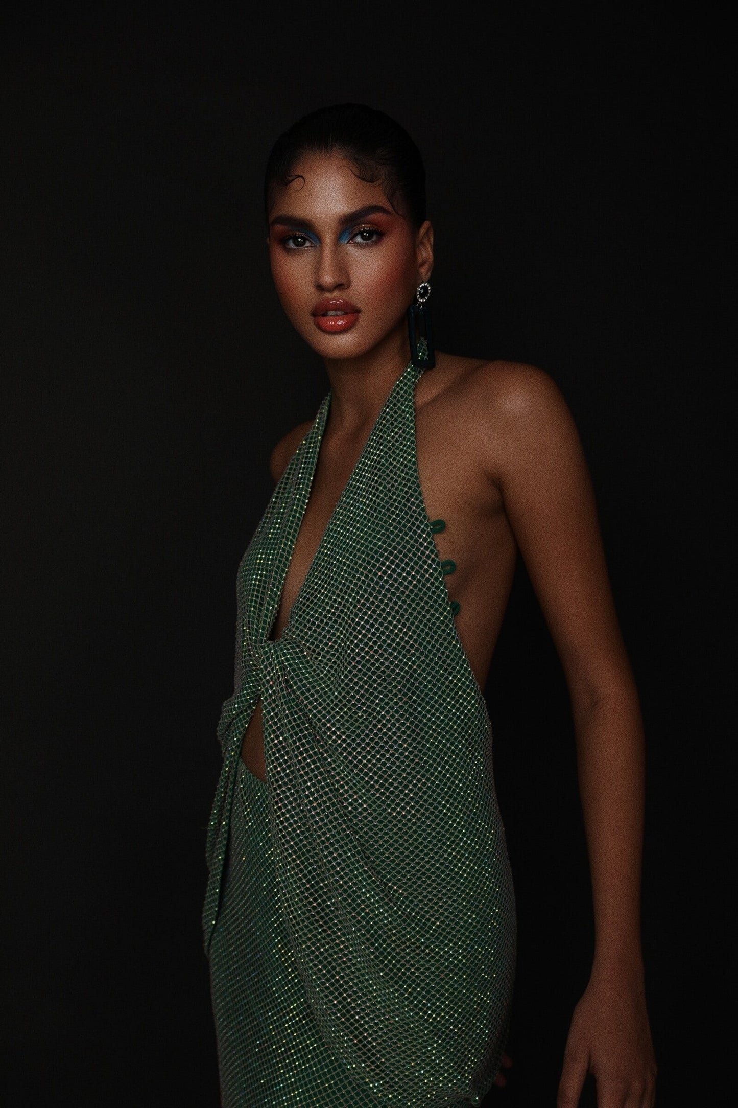 Alpine Green Rhinestone Knot Top With Slit