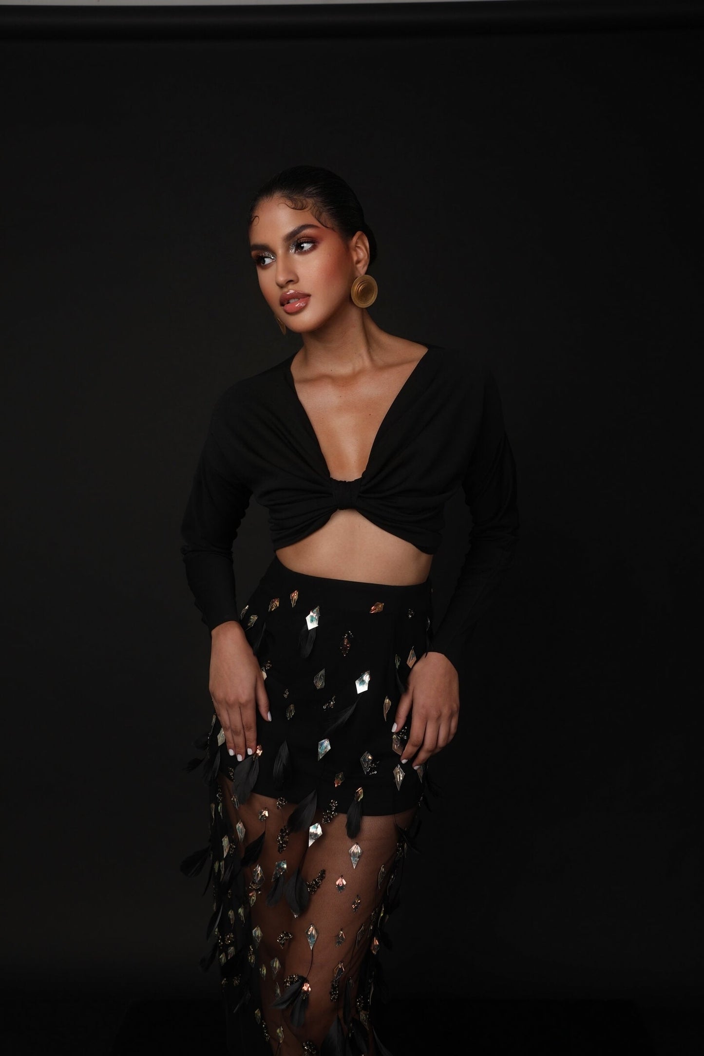 Black Tulle Skirt With Faux Feather And Metallic Embellishment