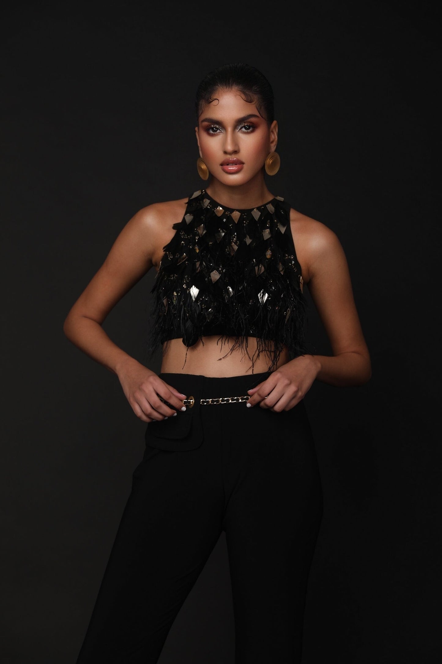 Black Cluster Top With Faux Feathers