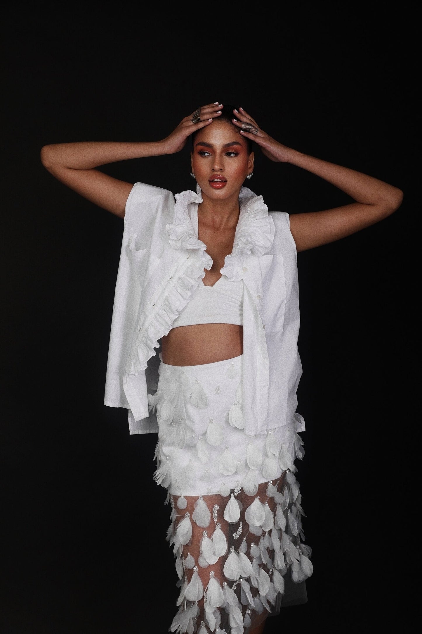 White Tulle Skirt With Feather And Laser Cut Detail
