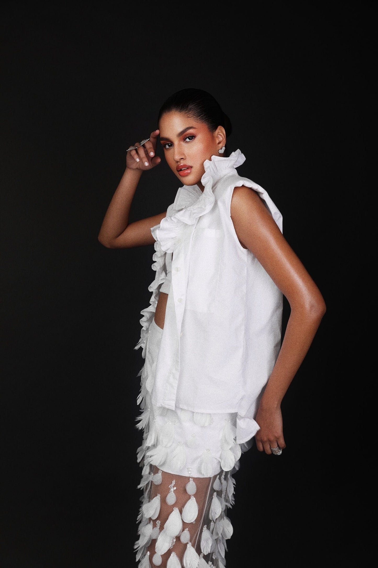 White Poplin Opera Top With Ruffled Collar