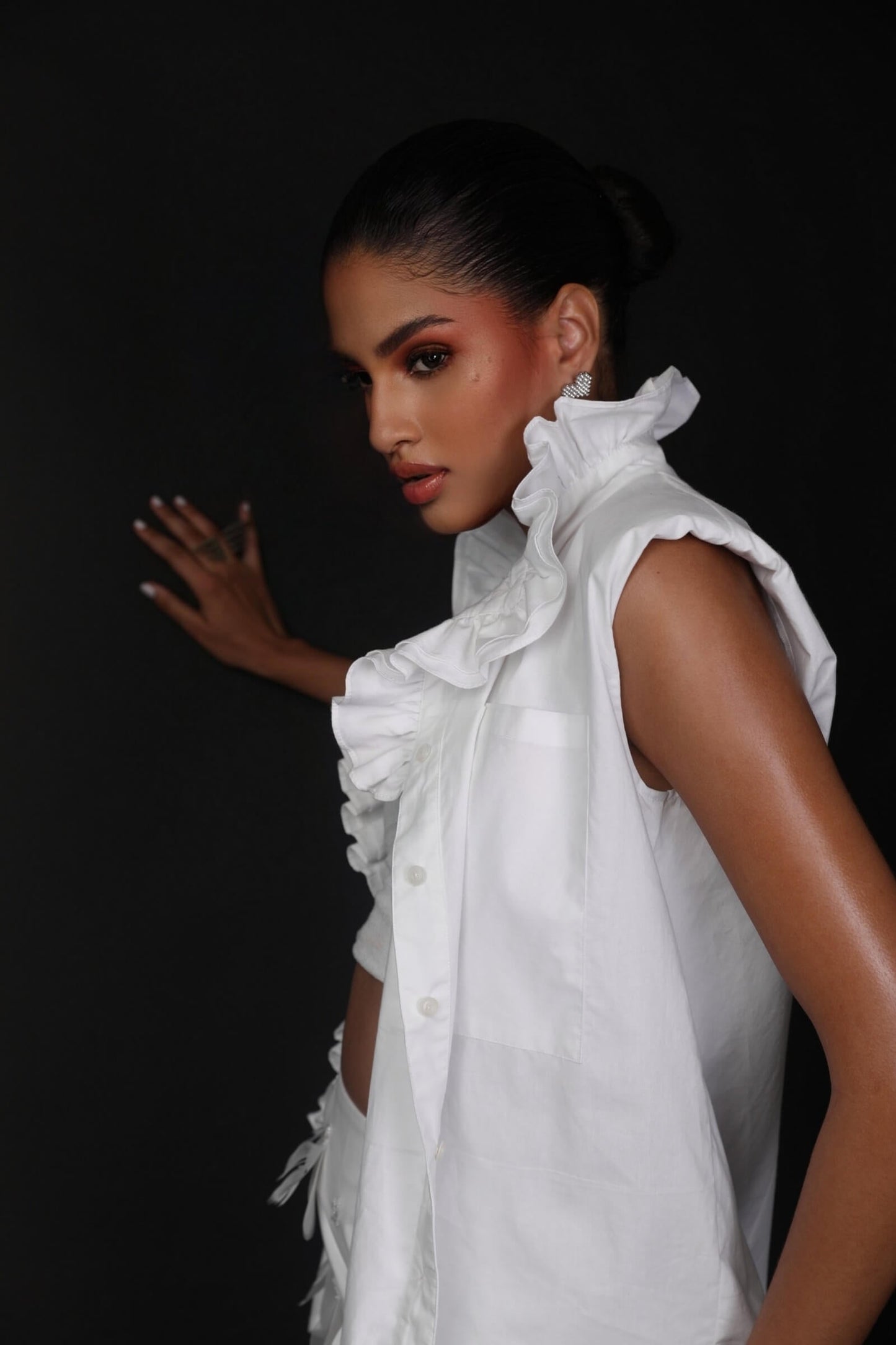 White Poplin Opera Top With Ruffled Collar