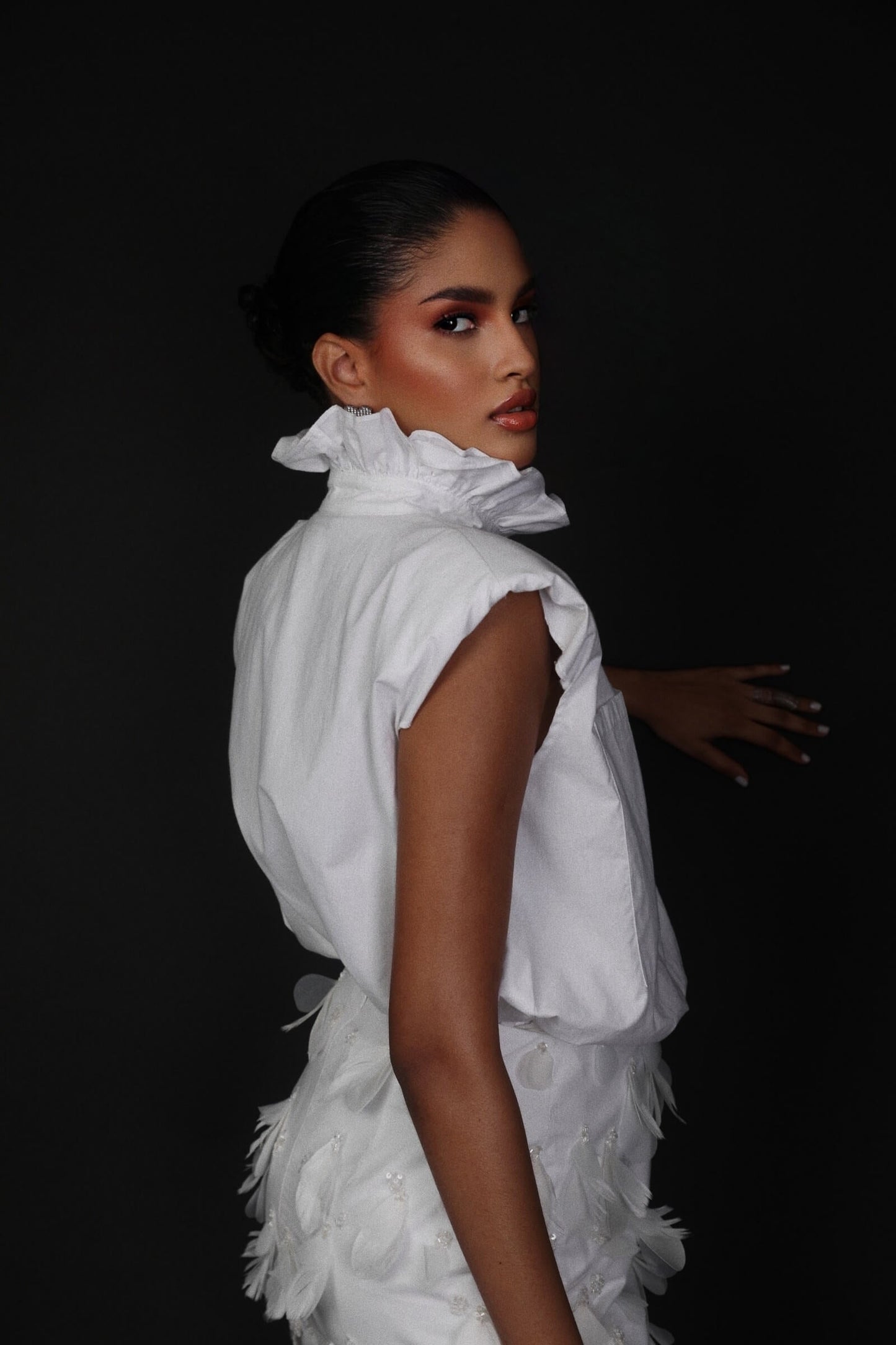 White Tulle Skirt With Feather And Laser Cut Detail