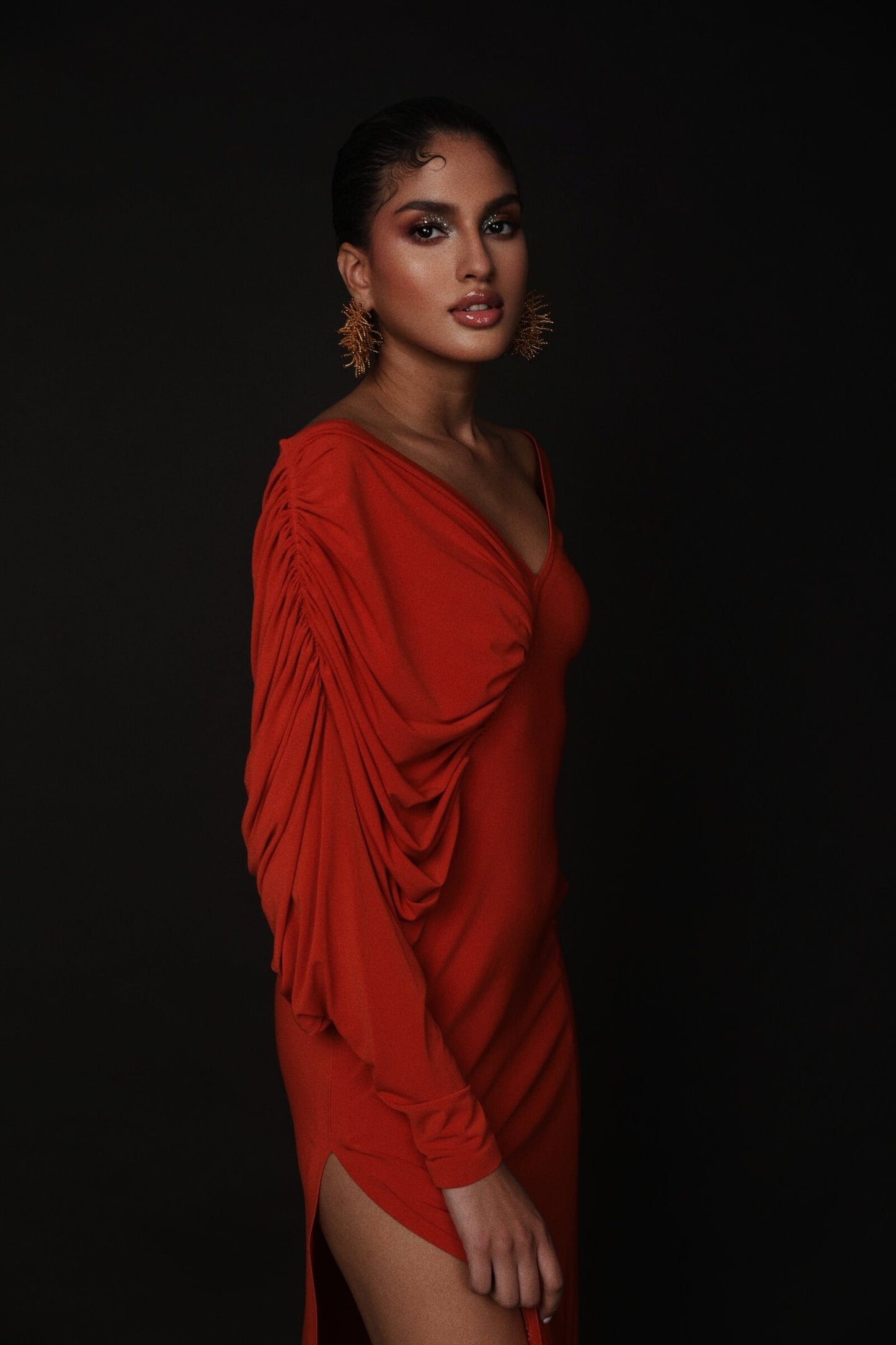 Flaming Orange Bias Draped Dress With Slit