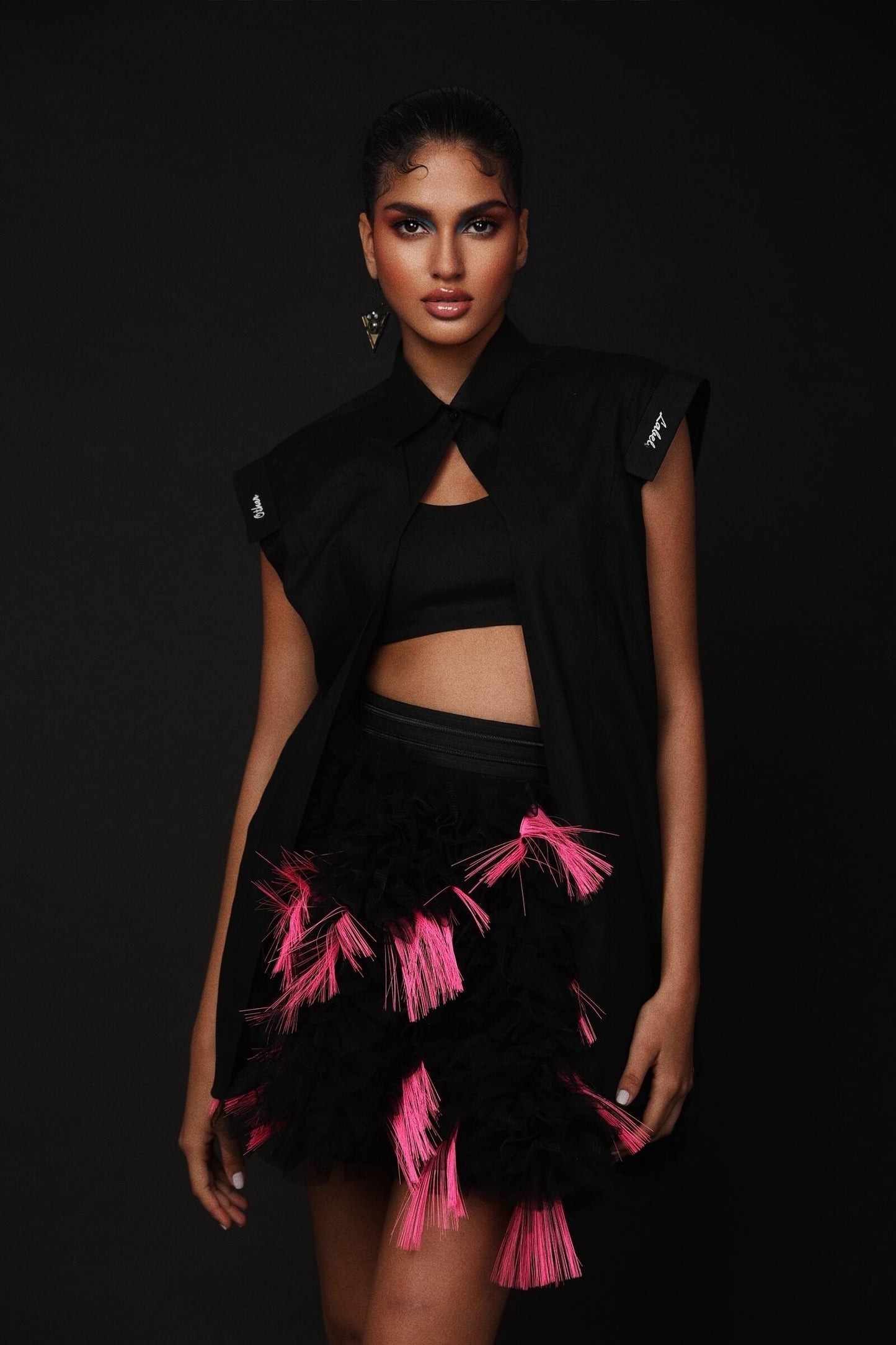 Black Ruffle Poof Tulle Skirt With Neon Tassels