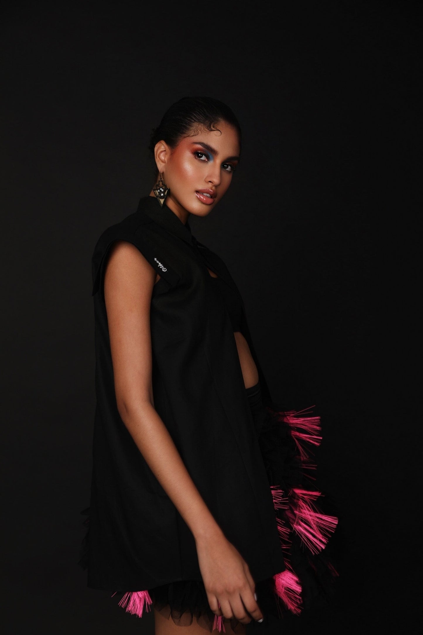 Black Ruffle Poof Tulle Skirt With Neon Tassels
