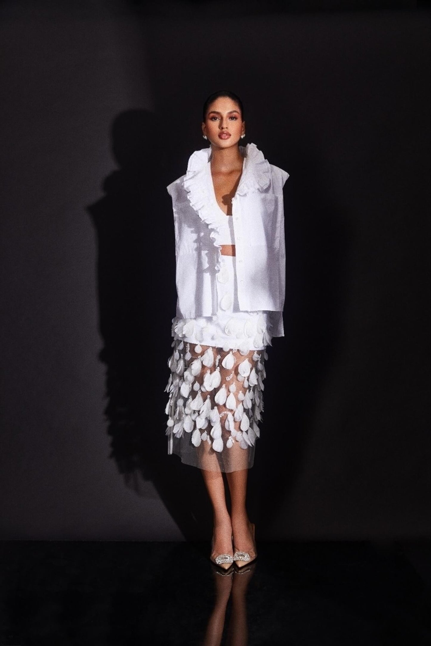White Poplin Opera Top With Ruffled Collar