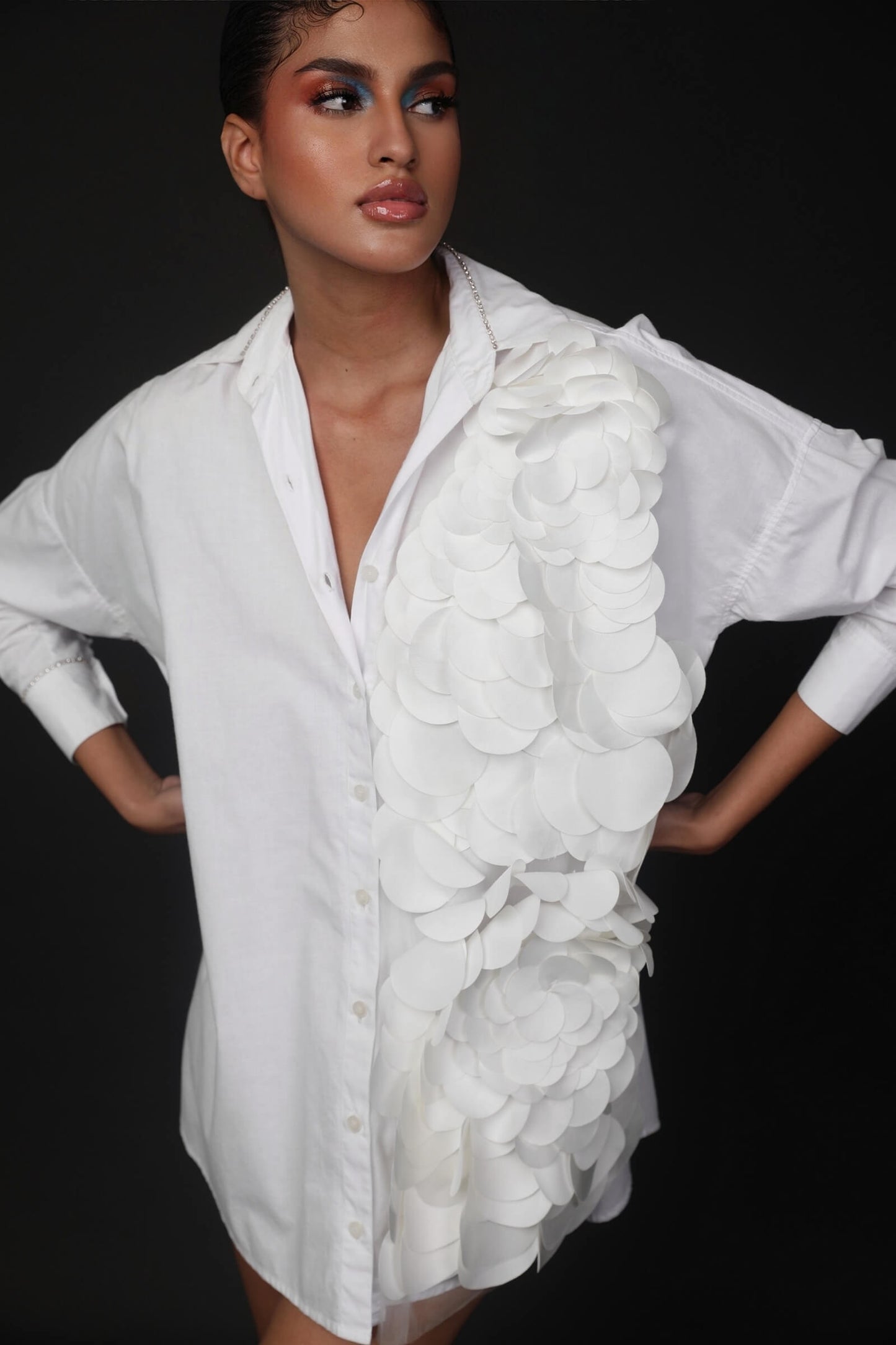 White Cotton Shirt Dress With Laser Cut Detail
