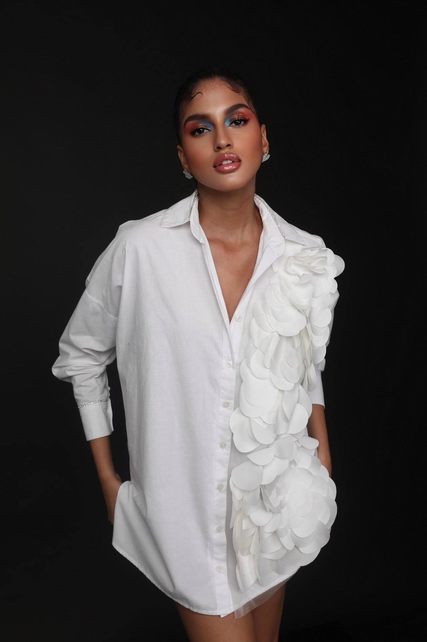 White Cotton Shirt Dress With Laser Cut Detail