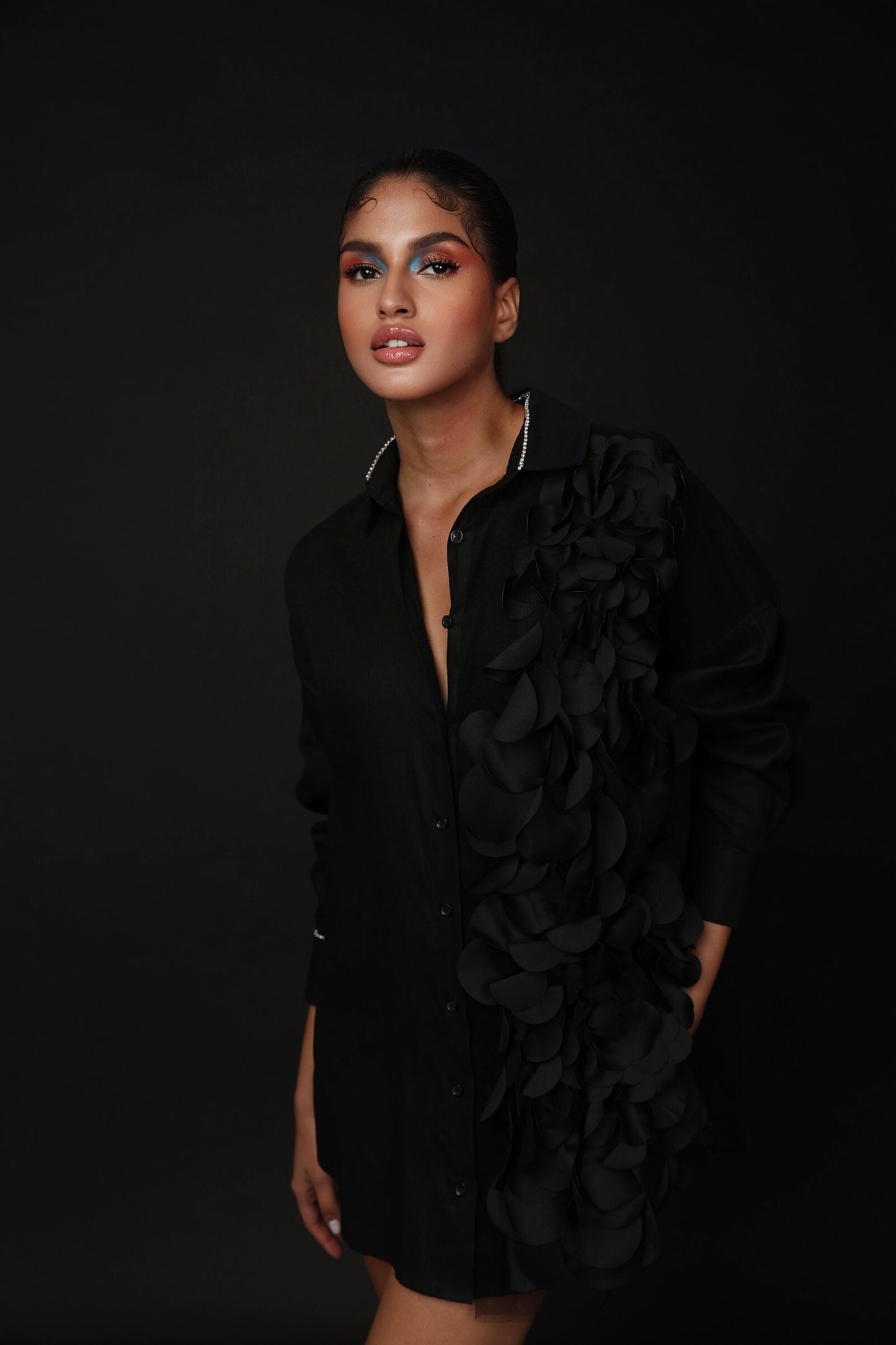 Black Poplin Shirt Dress With Laser Cut Detail