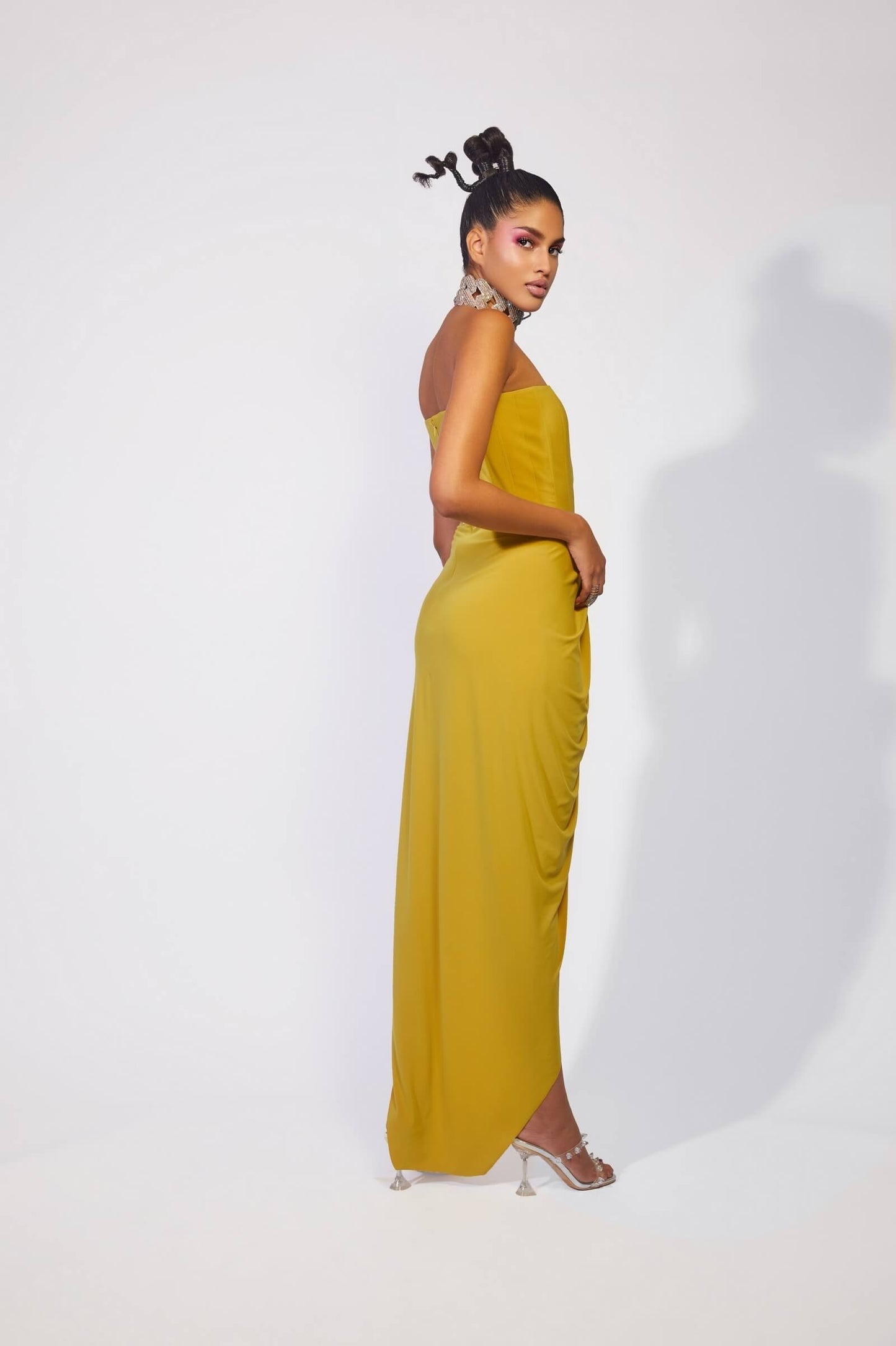 Mustard Corsetry Inspired Draped Dress With Rhinestone Detail