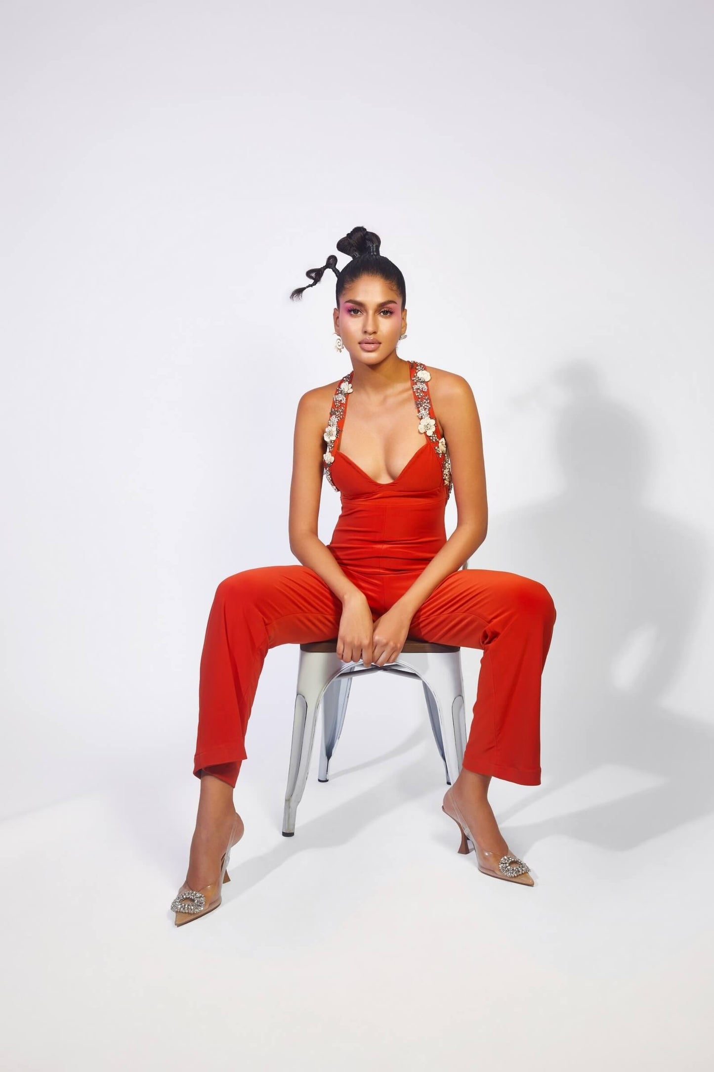 Flaming Orange Playsuit With Embroidered Straps