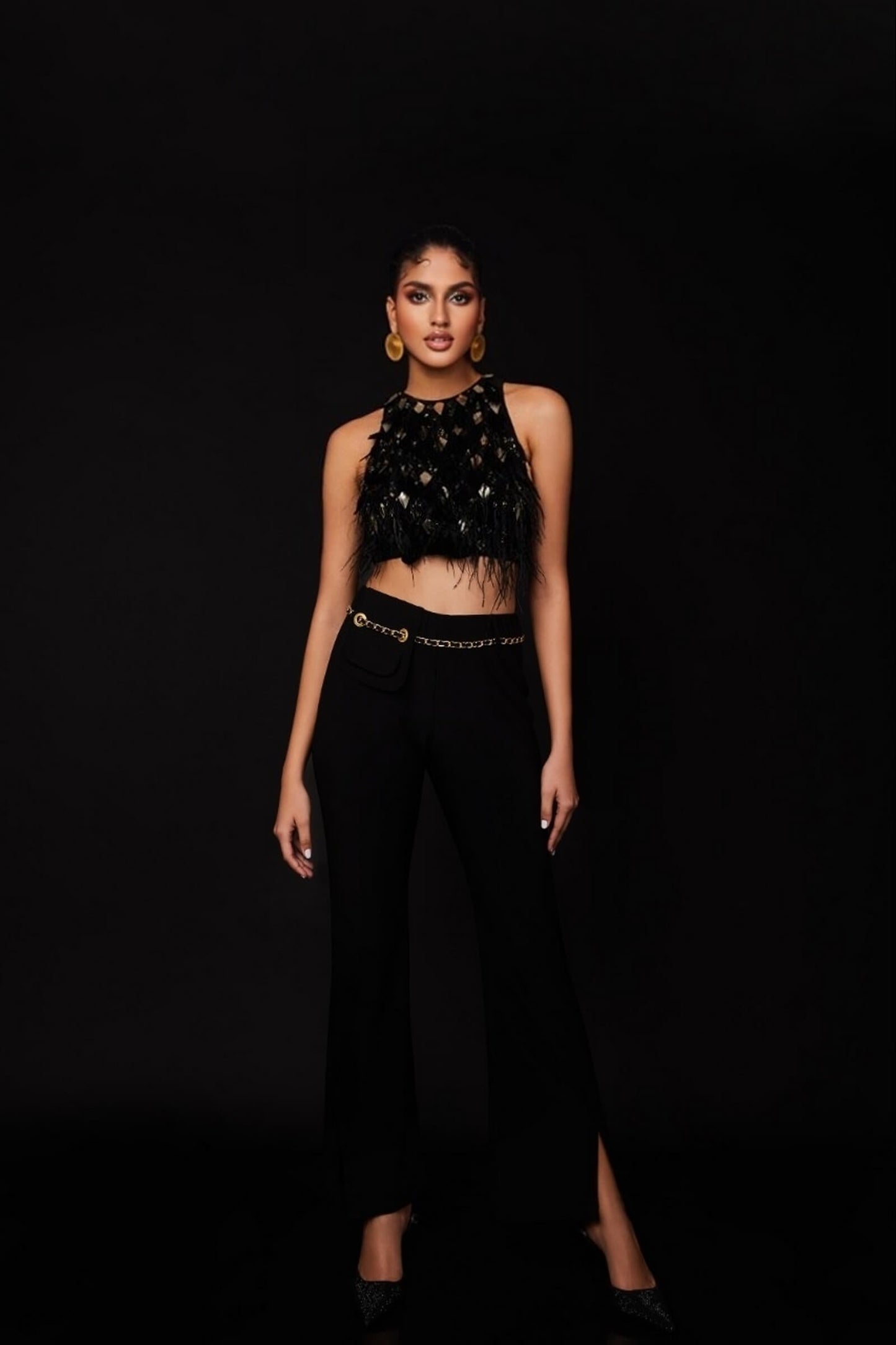 Black Cluster Top With Faux Feathers