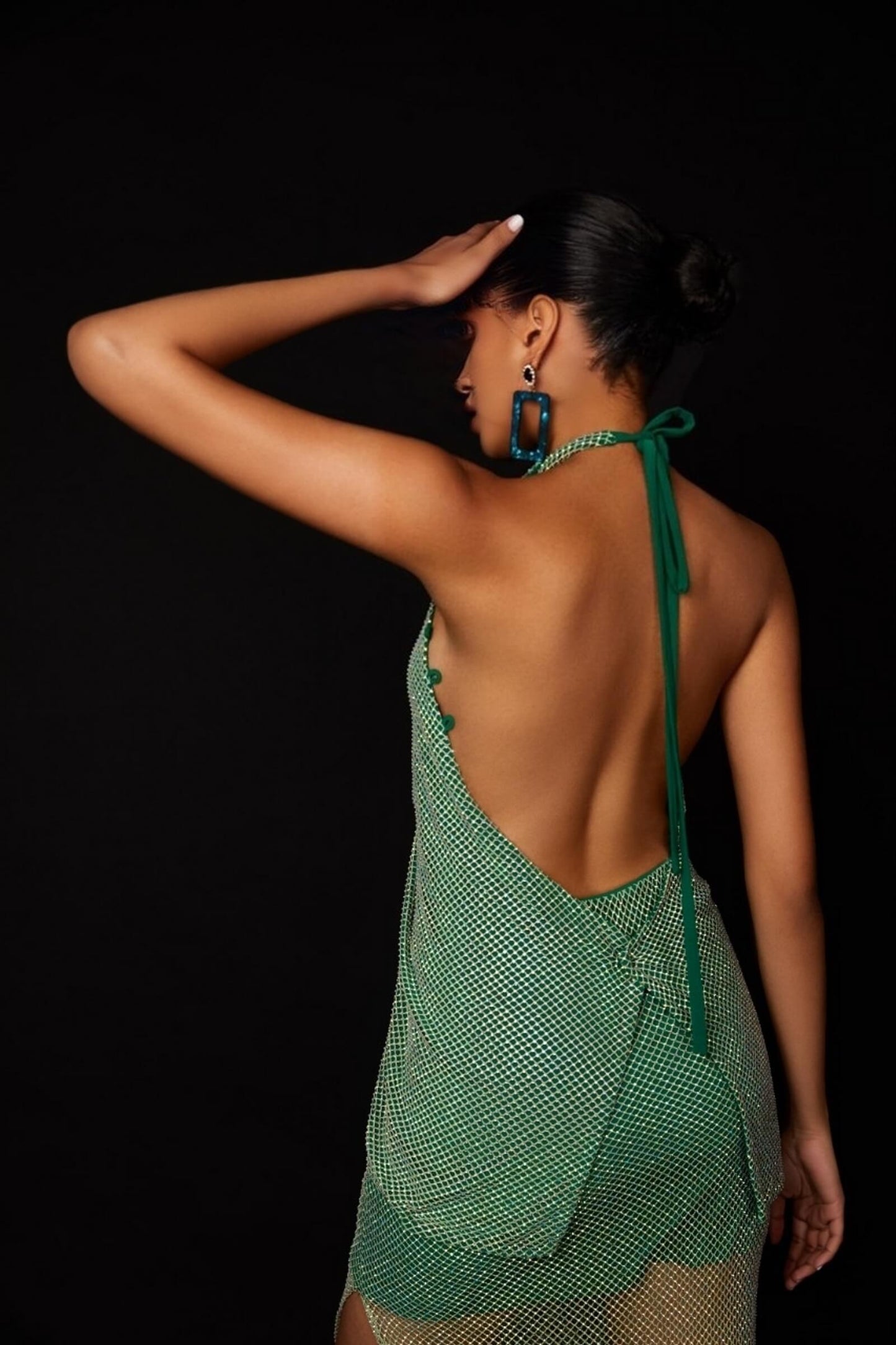 Alpine Green Rhinestone Knot Top With Slit
