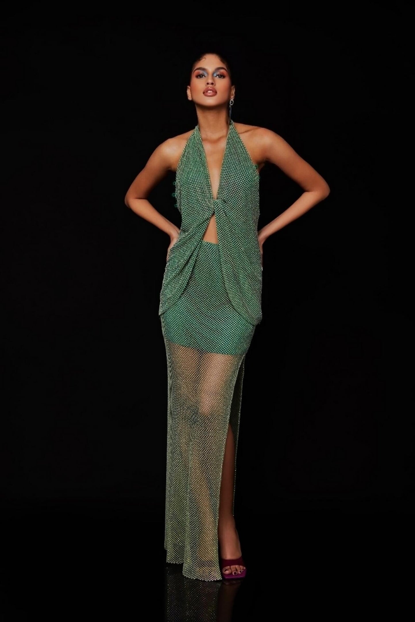 Alpine Green Rhinestone Knot Top With Slit