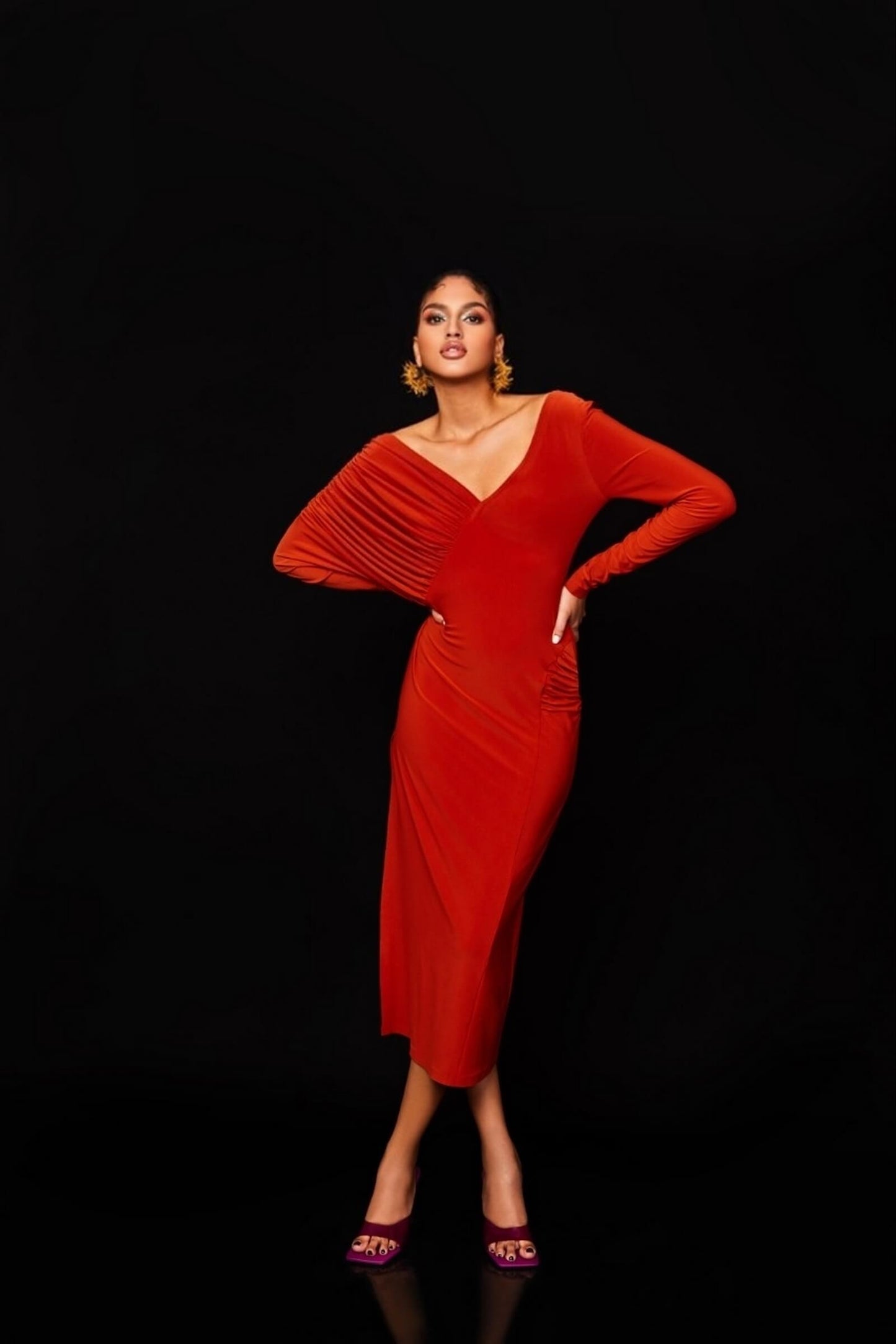 Flaming Orange Bias Draped Dress With Slit