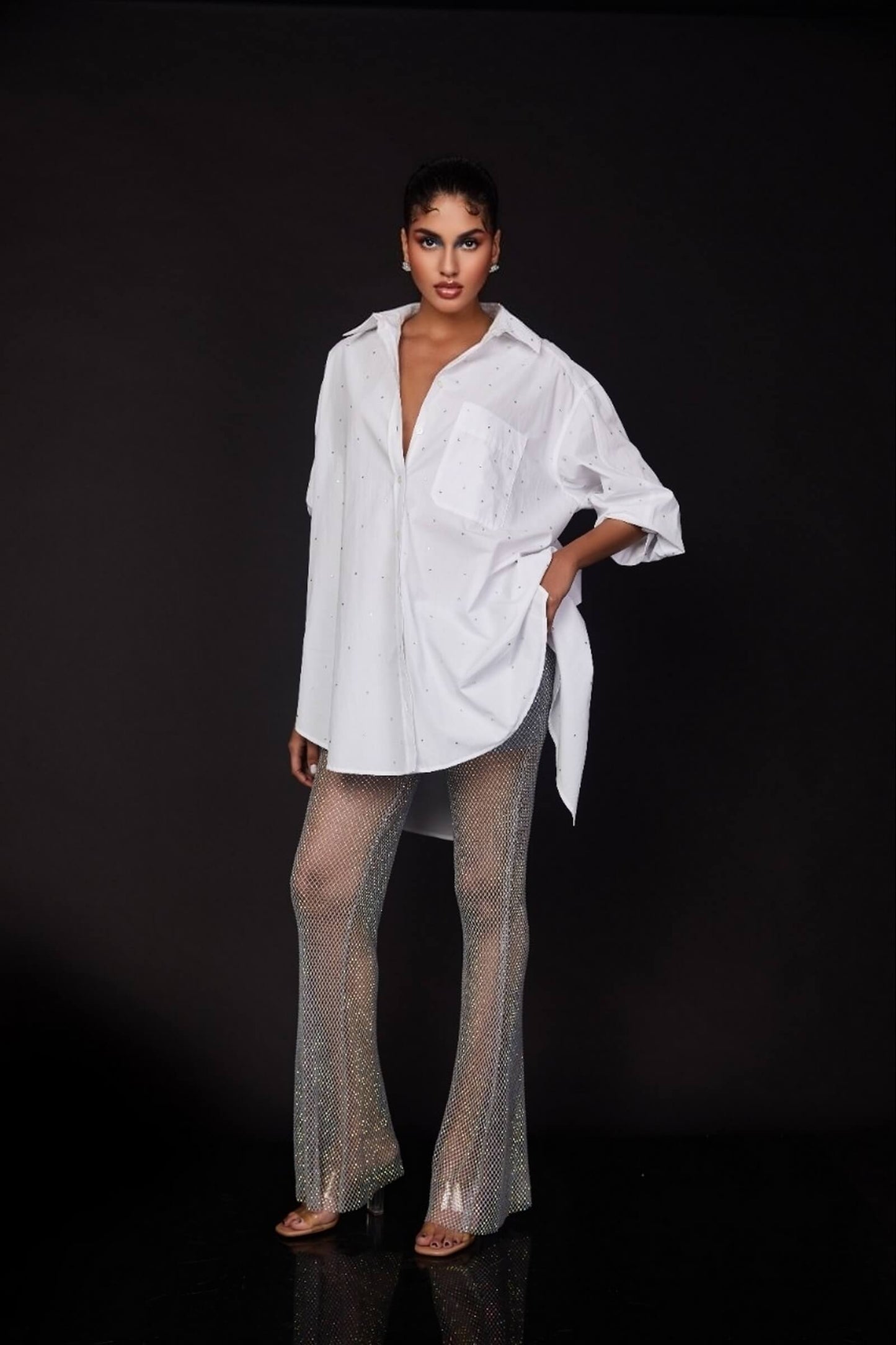 Grey Rhinestone Flared Pants