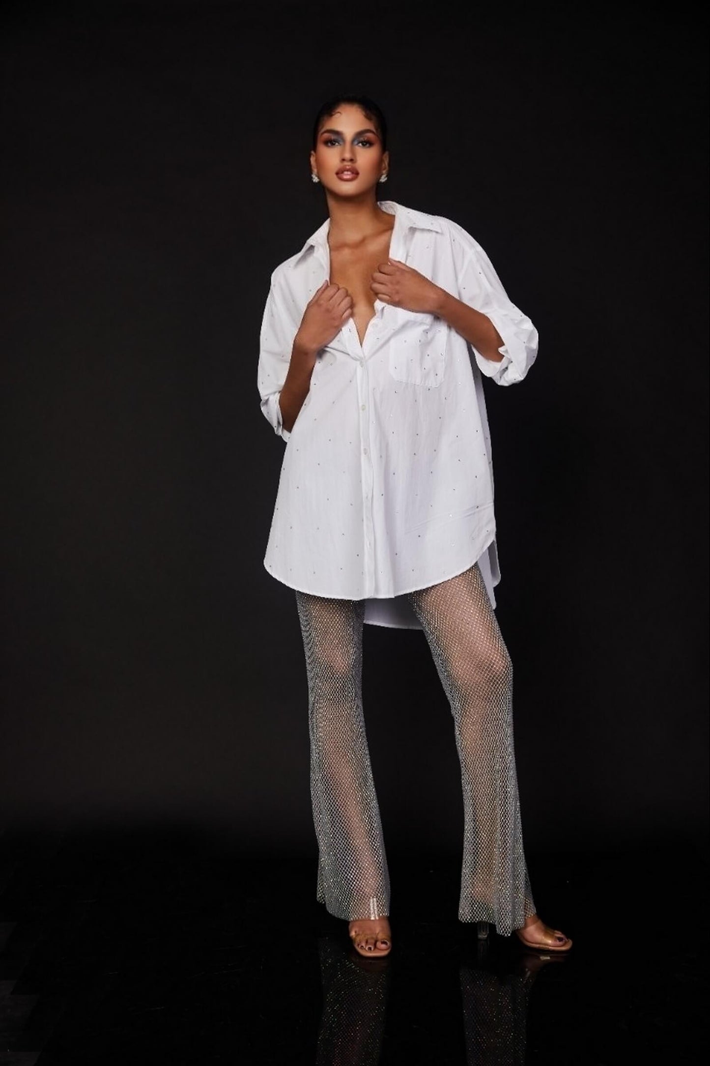 Grey Rhinestone Flared Pants