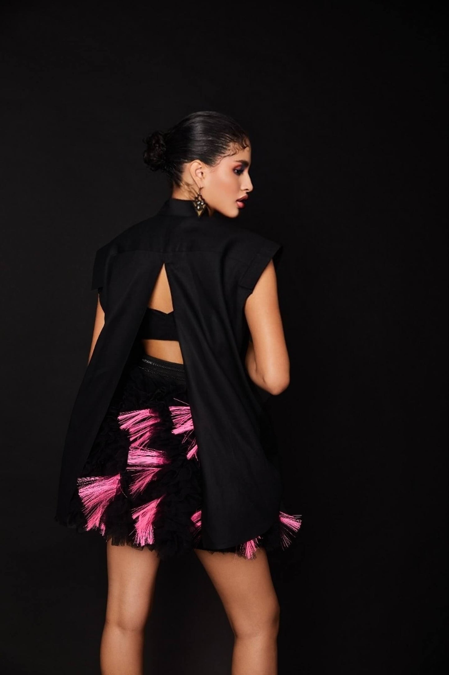 Black Ruffle Poof Tulle Skirt With Neon Tassels