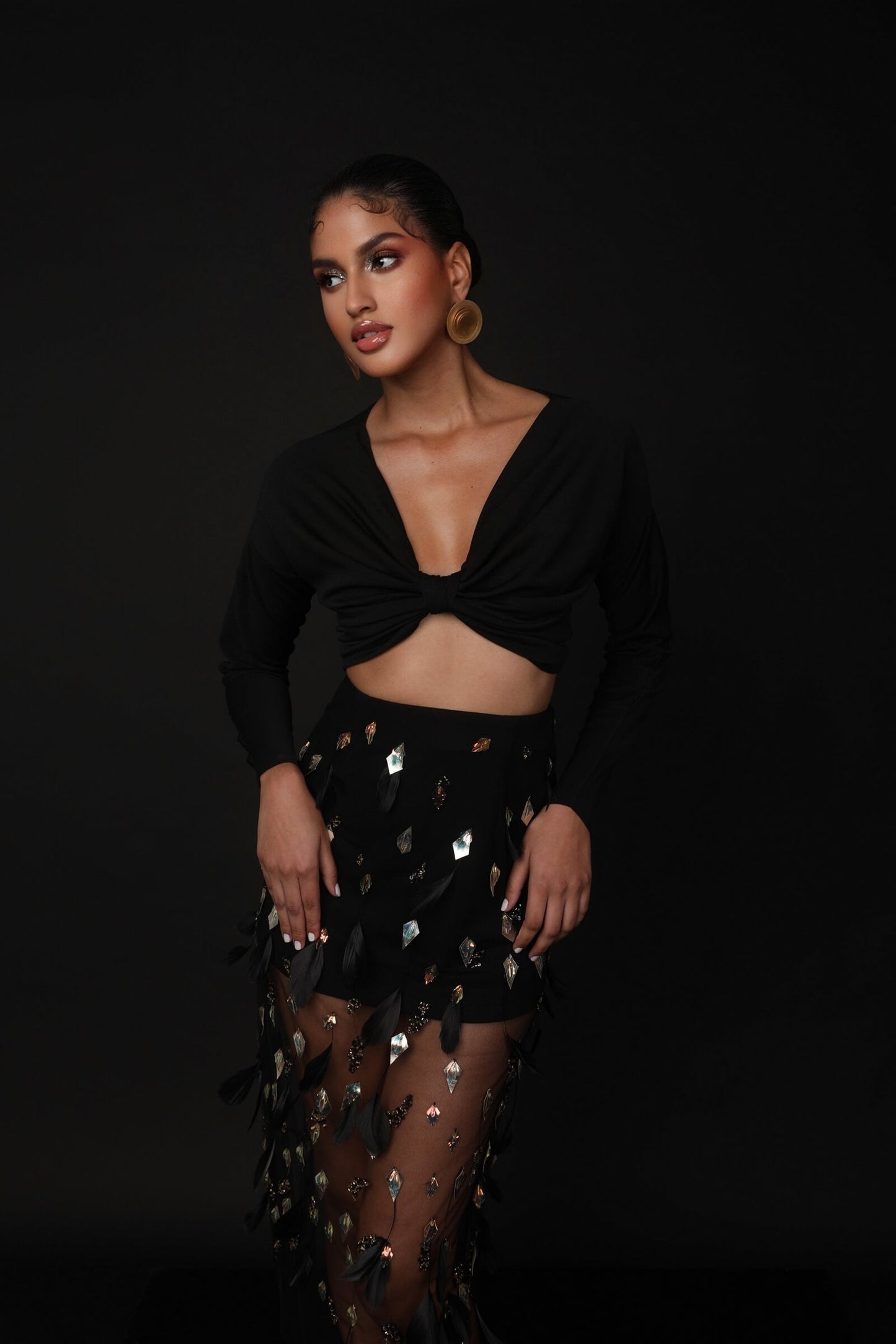 Black Tulle Skirt With Faux Feather And Metallic Embellishment