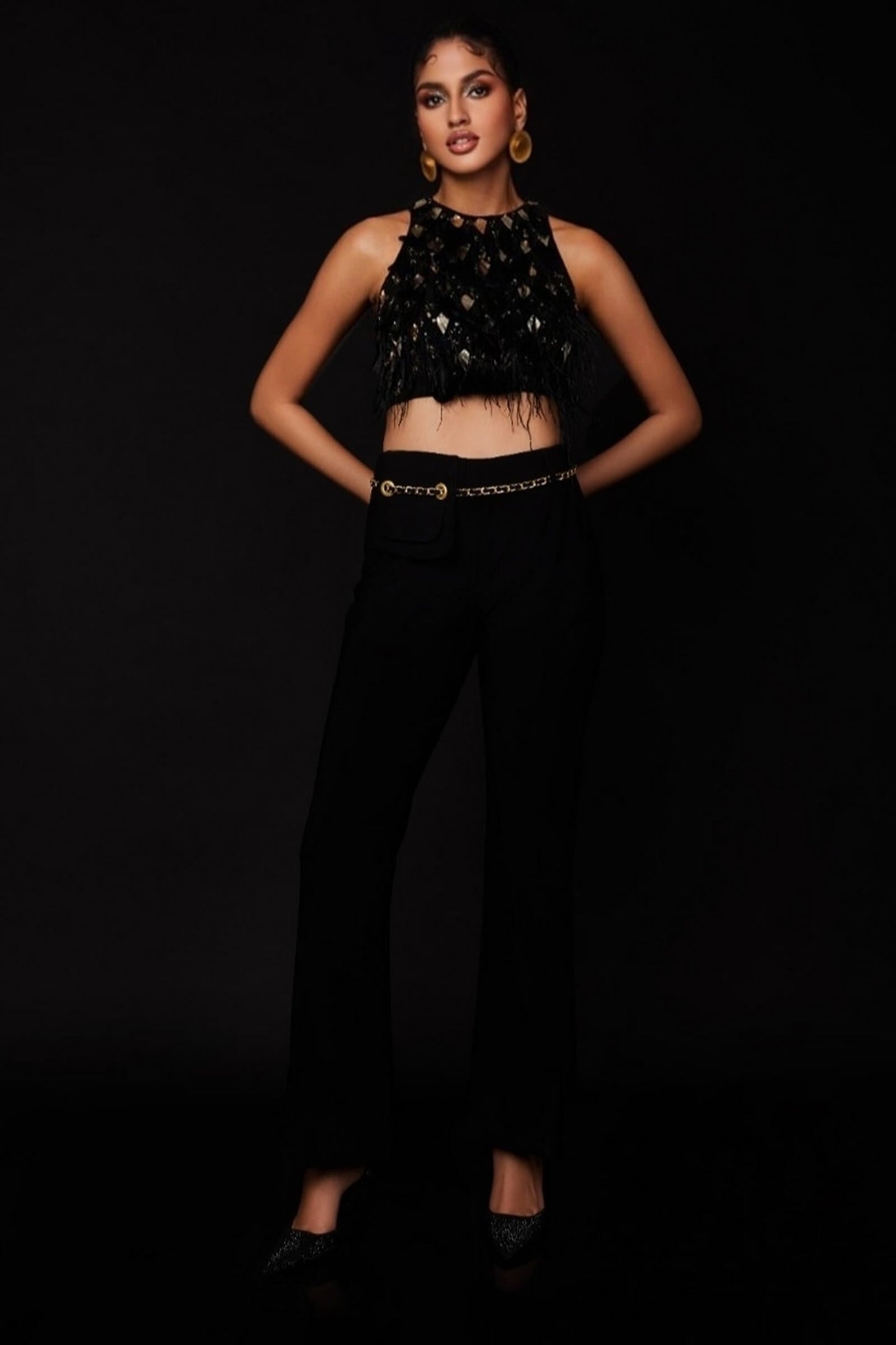 Black Cluster Top With Faux Feathers