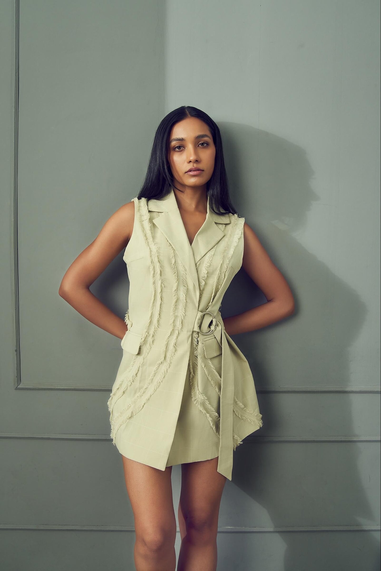 Pistachio Plaid vest with fray detail