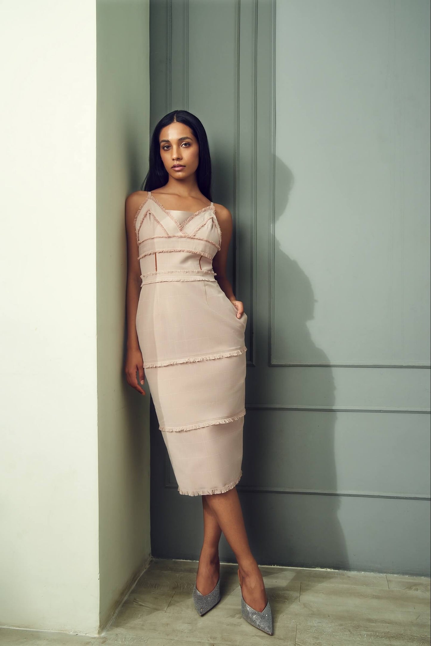 Pink Plaid Pencil Dress With Fray Detail