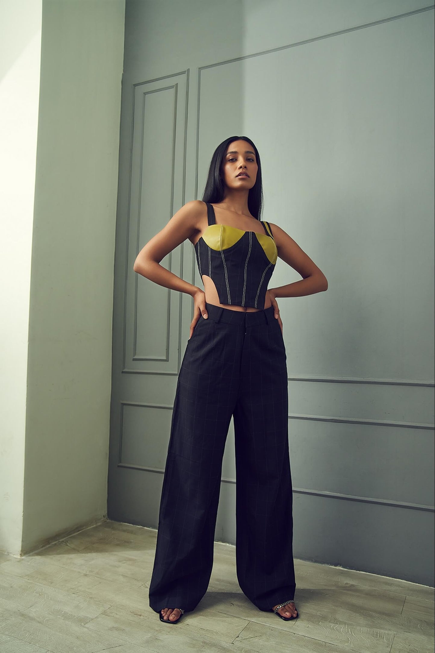 Black And Lime Corset Top With Contrast Stitch Detail