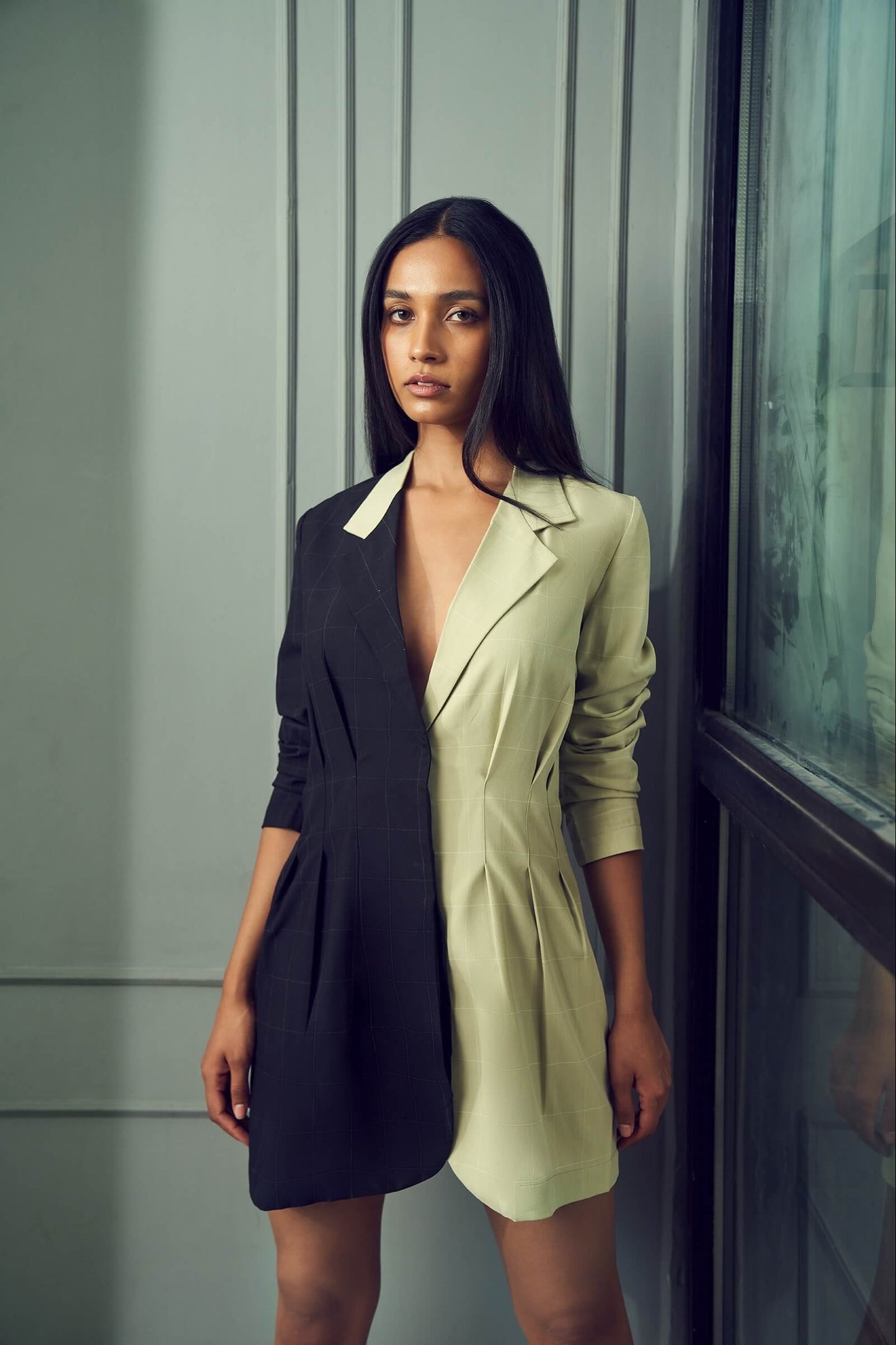 Pistachio And Black Color Blocked Blazer Dress