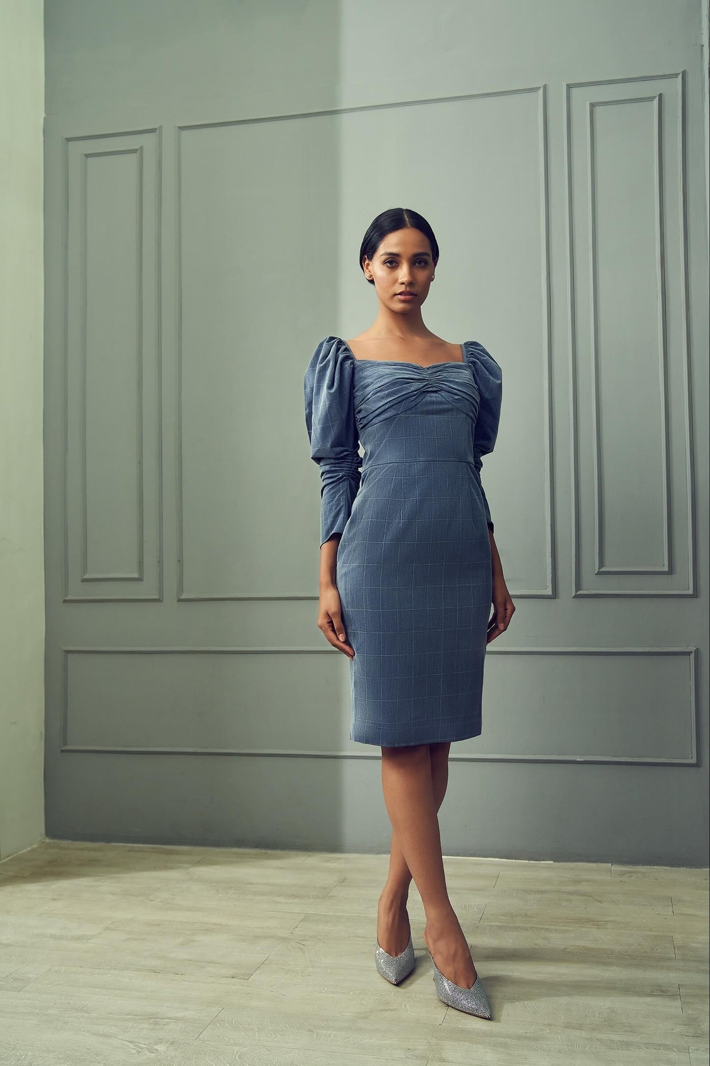 Denim Blue Plaid Pencil Dress