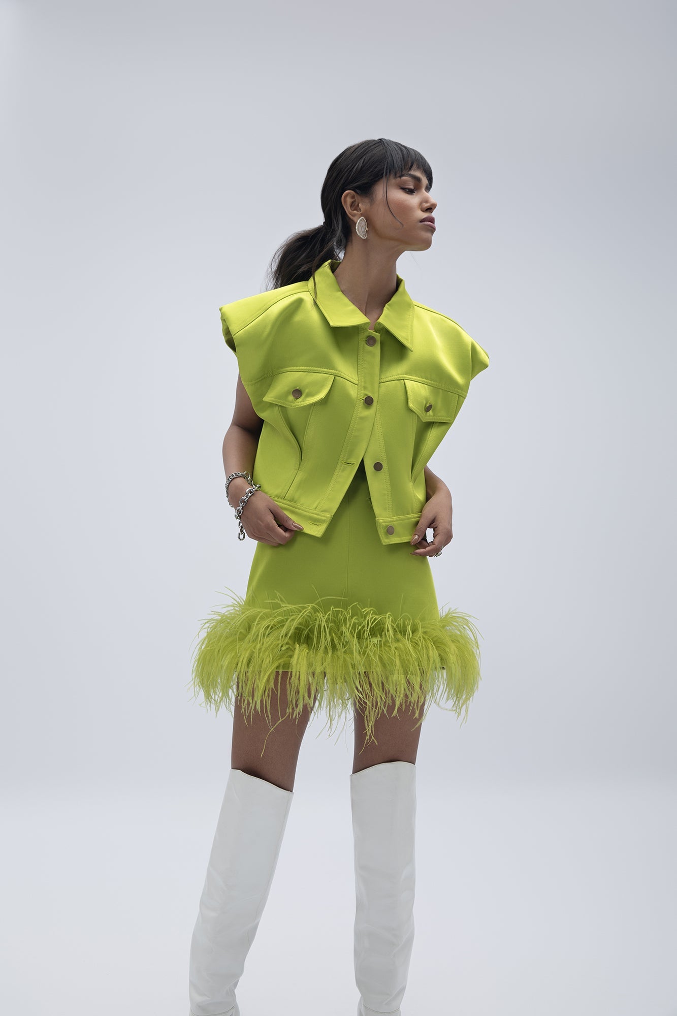 NEON GREEN MINI SKIRT WITH FAUX FEATHERS