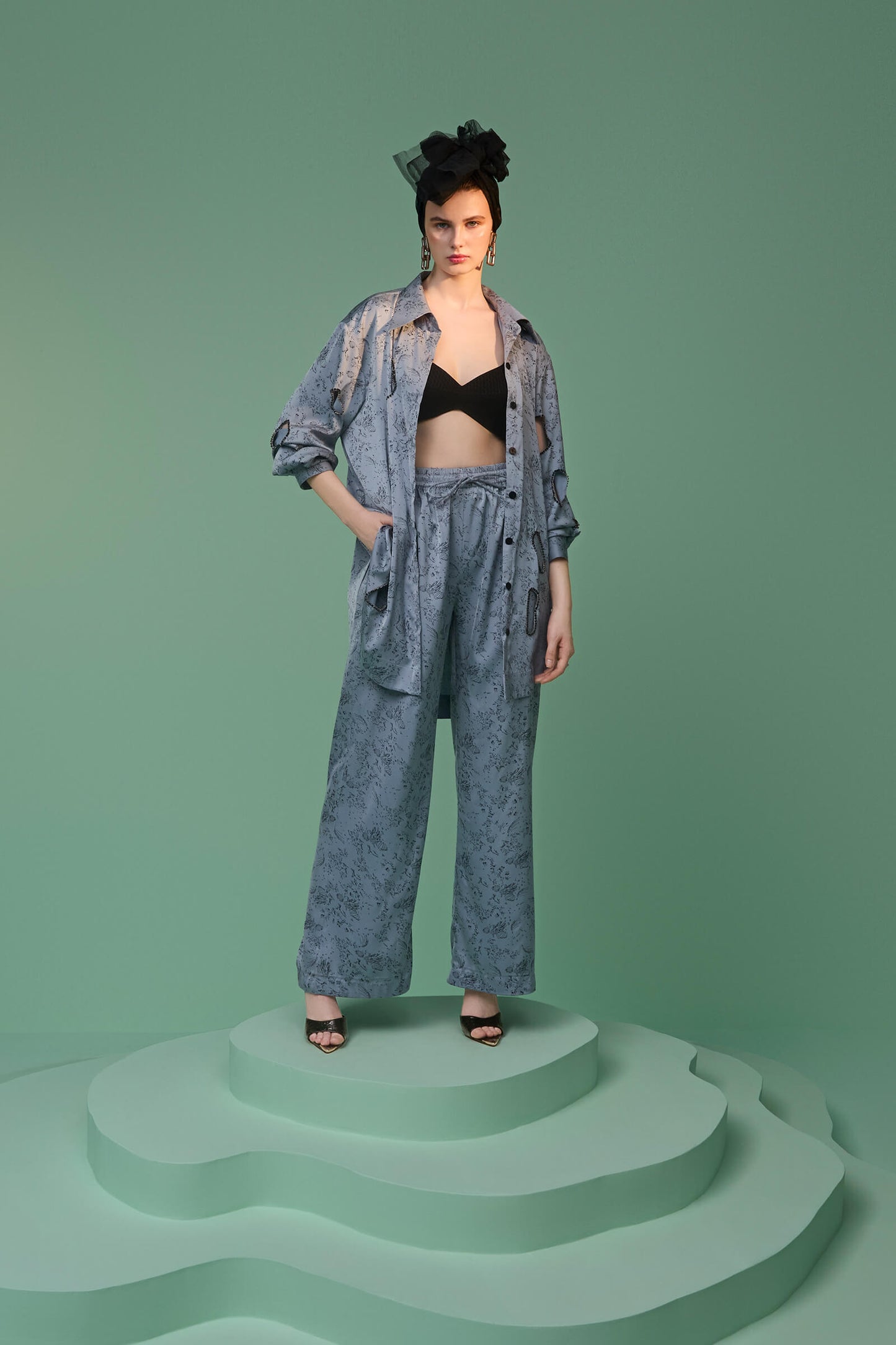 Egyptian Blue Satin Print Drawstring Trousers