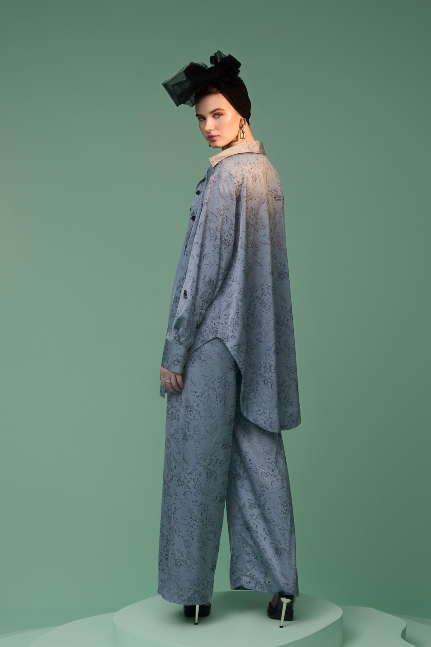 Egyptian Blue Satin Print Drawstring Trousers