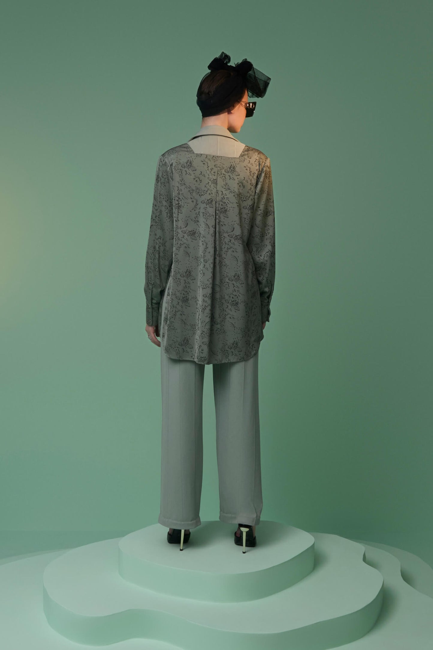 Sage Green Satin Double Lapel Long-sleeved Over Shirt