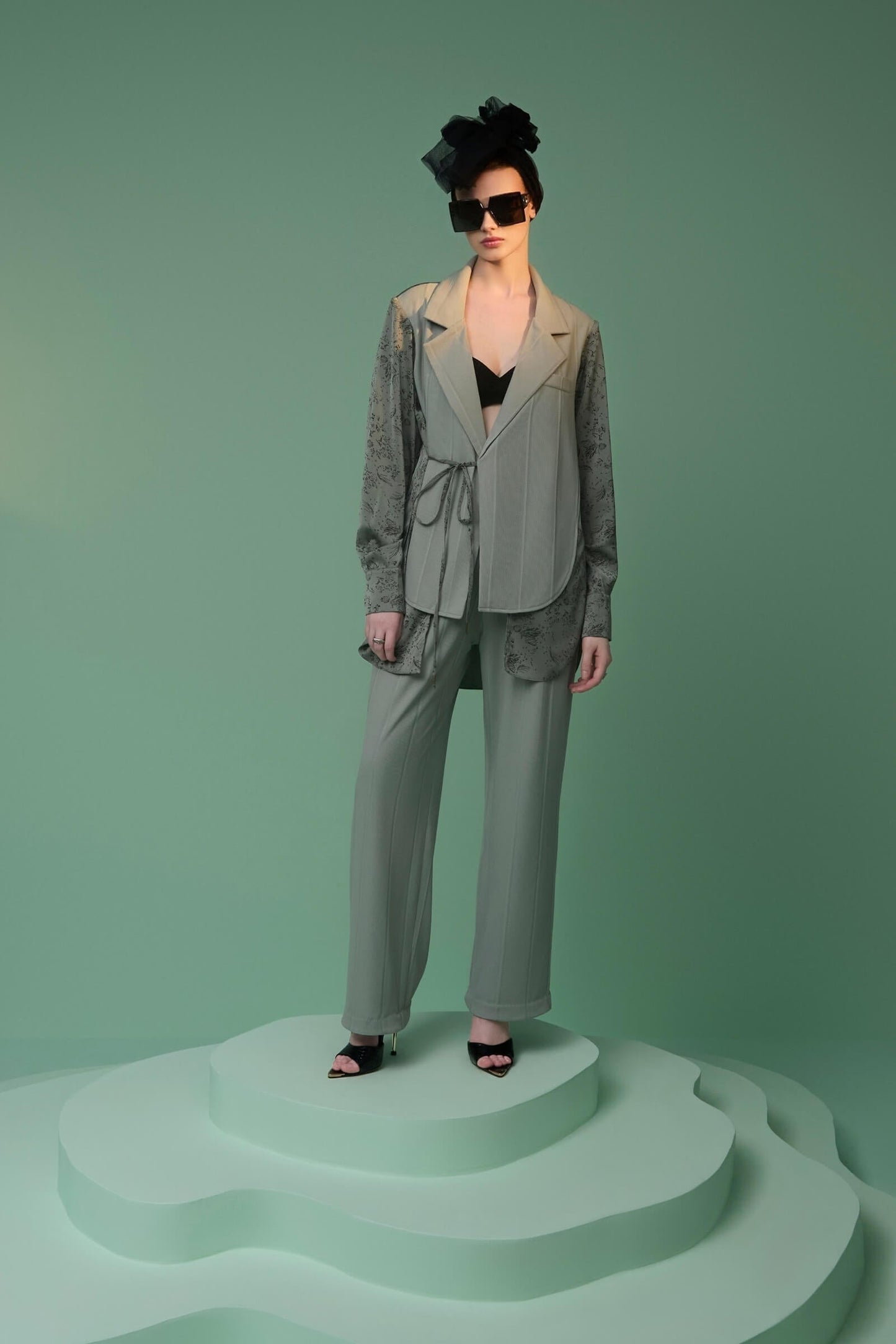 Sage Green Satin Double Lapel Long-sleeved Over Shirt
