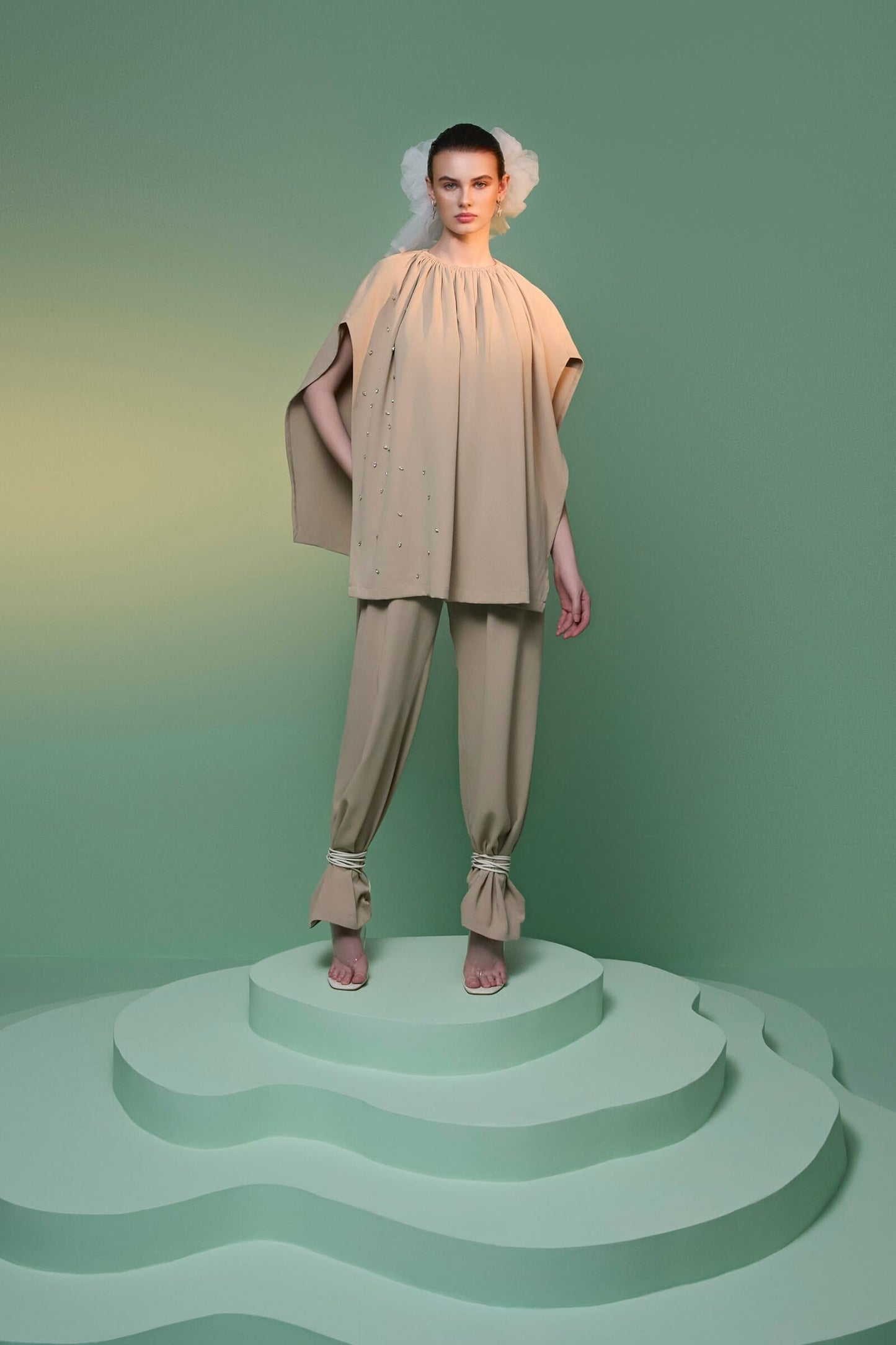 Tan Cape With Crystal Detail And Tan Trouser Set